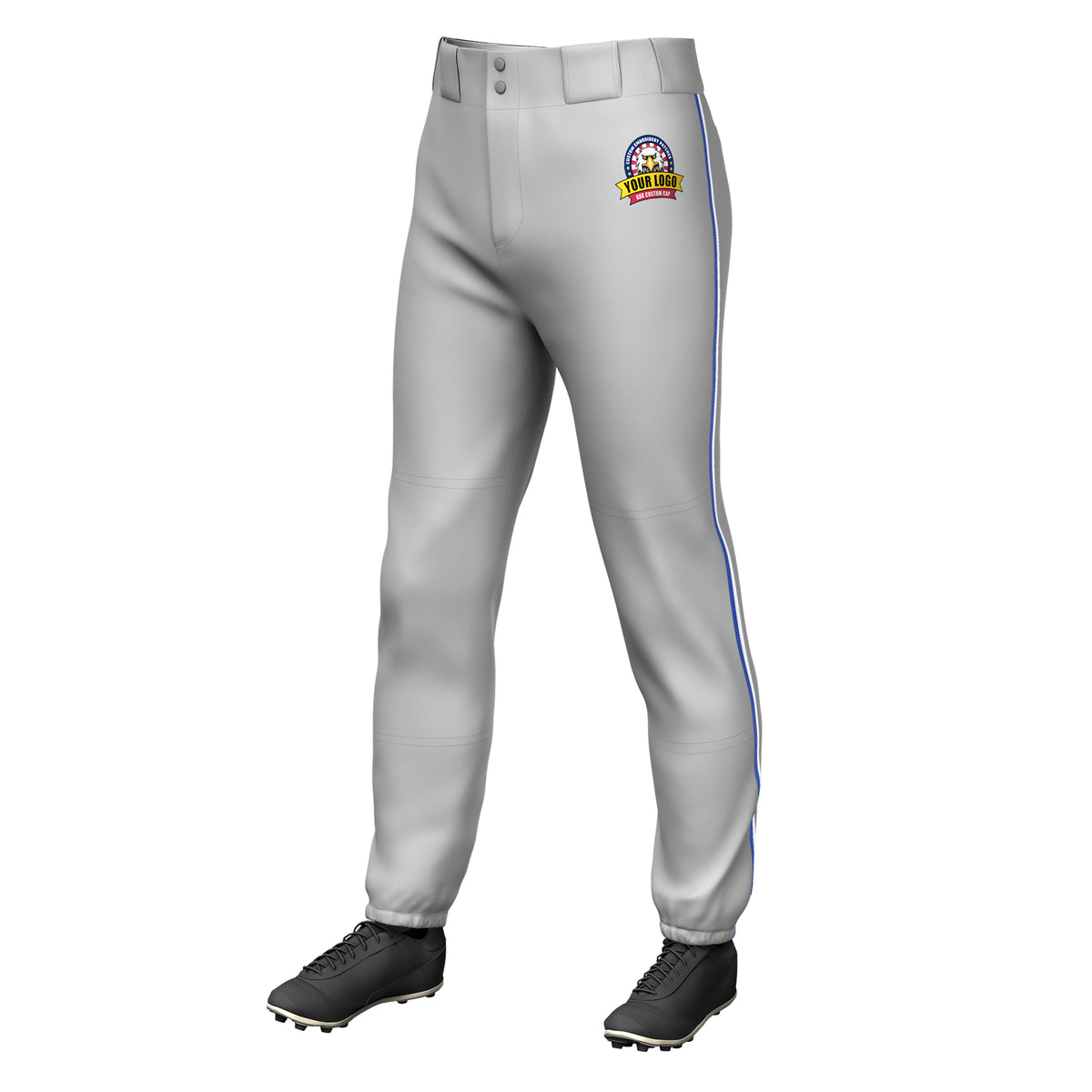 Custom Gray Royal-White Classic Fit Stretch Practice Pull-up Baseball Pants