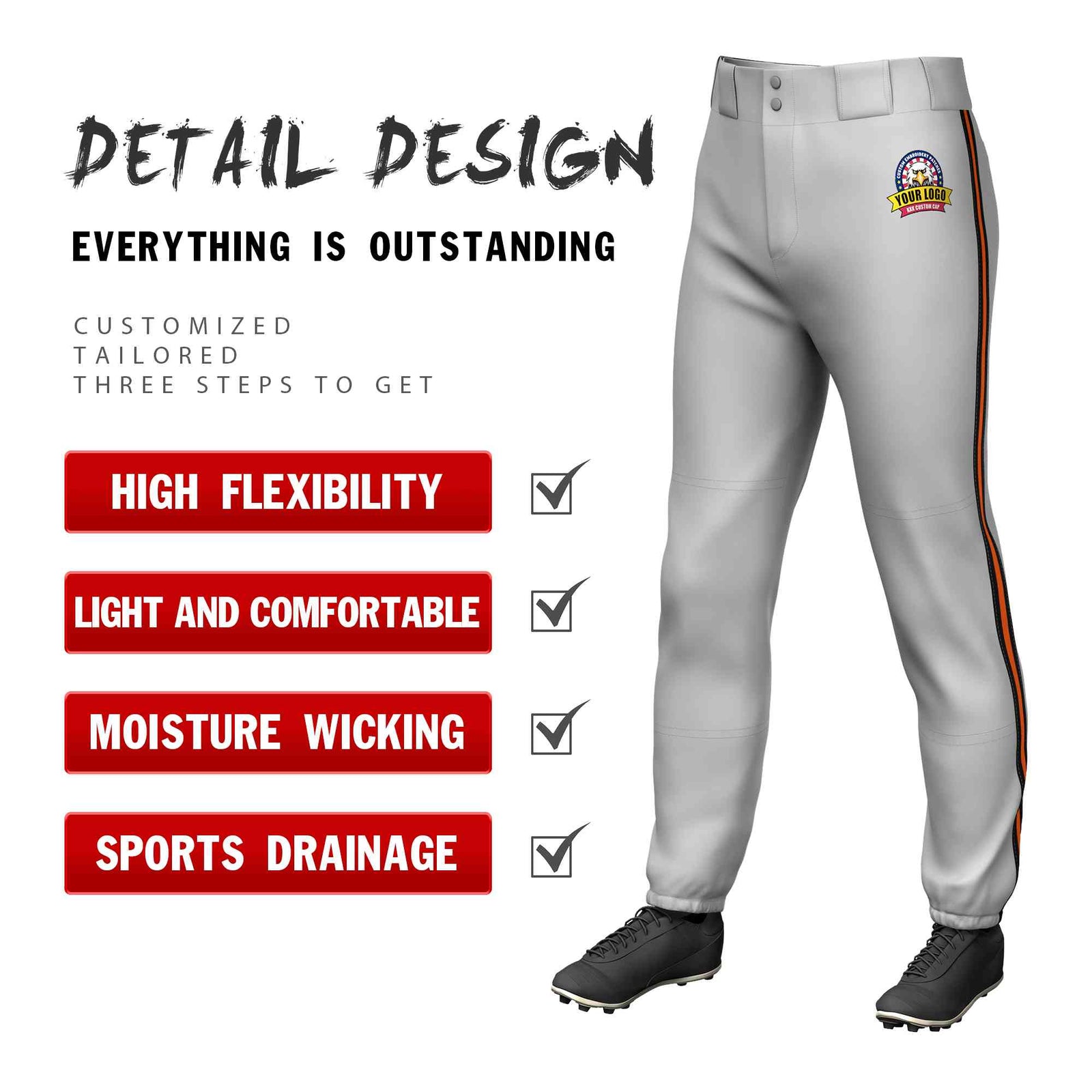 Custom Gray Black Orange-Black Classic Fit Stretch Practice Pull-up Baseball Pants