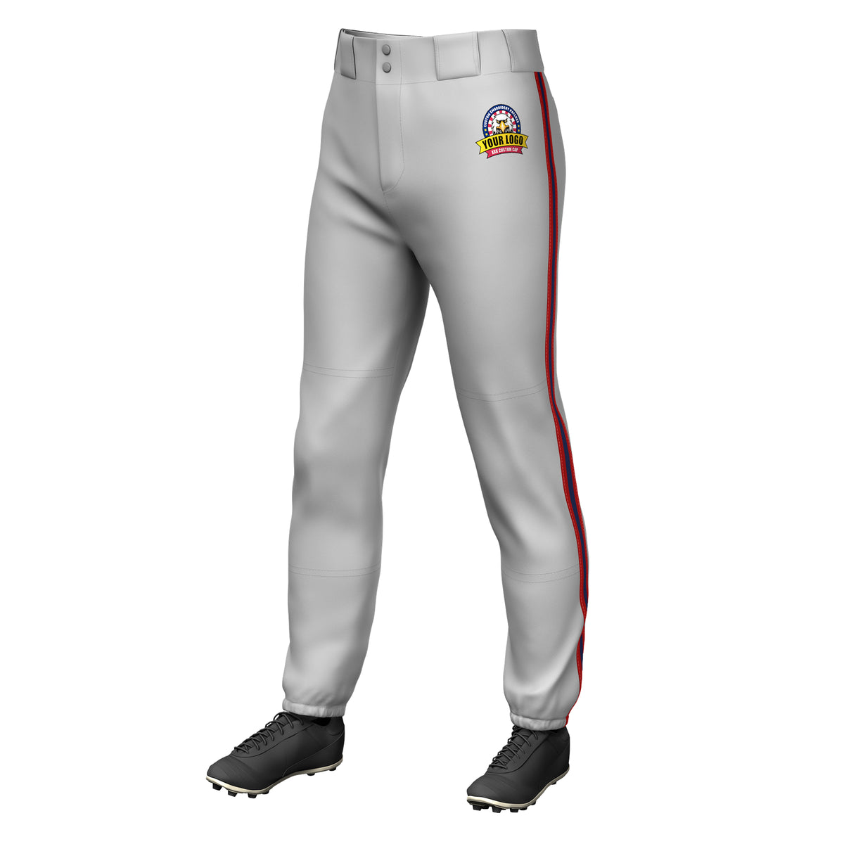 Custom Gray Red Navy-Red Classic Fit Stretch Practice Pull-up Baseball Pants