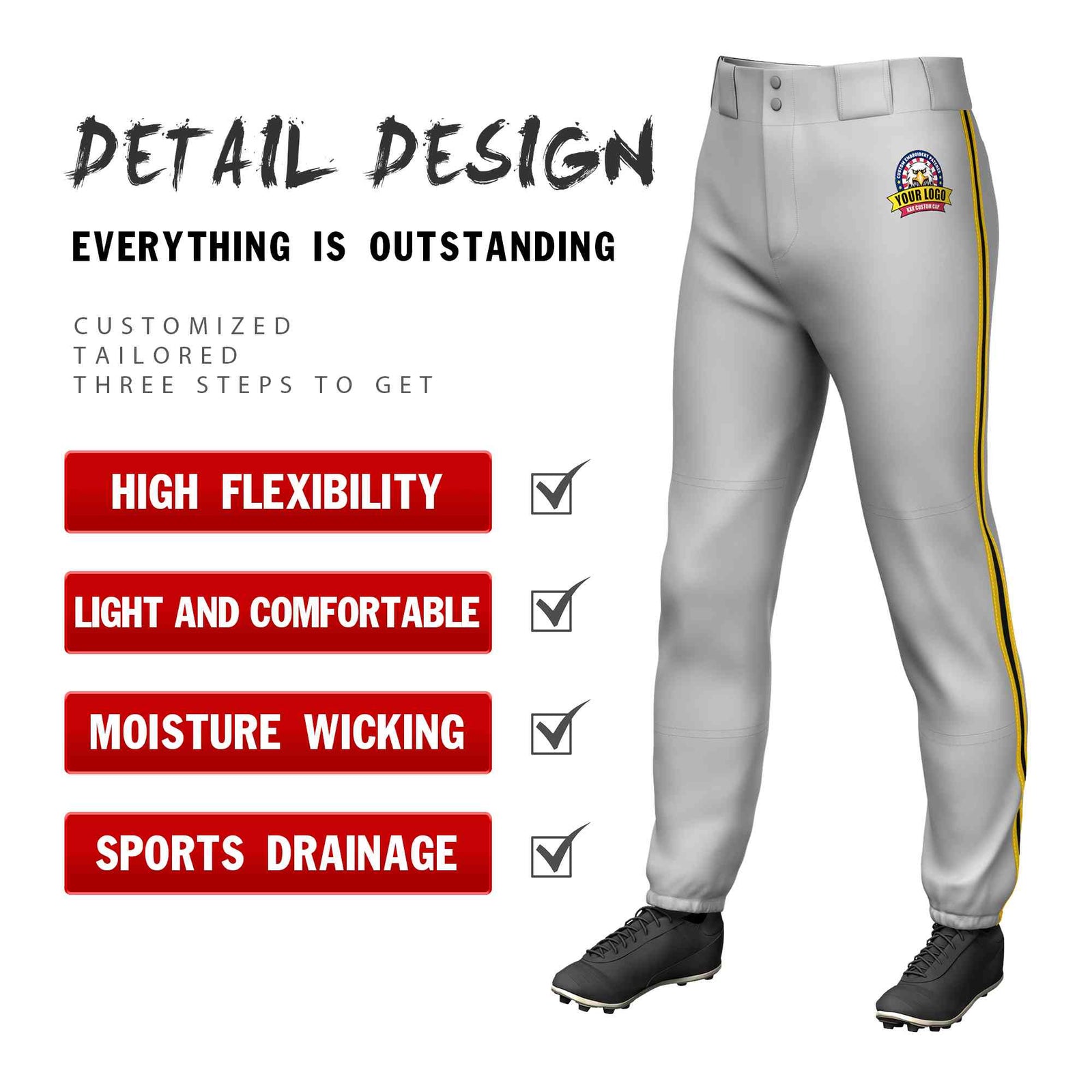 Custom Gray Gold Black-Gold Classic Fit Stretch Practice Pull-up Baseball Pants