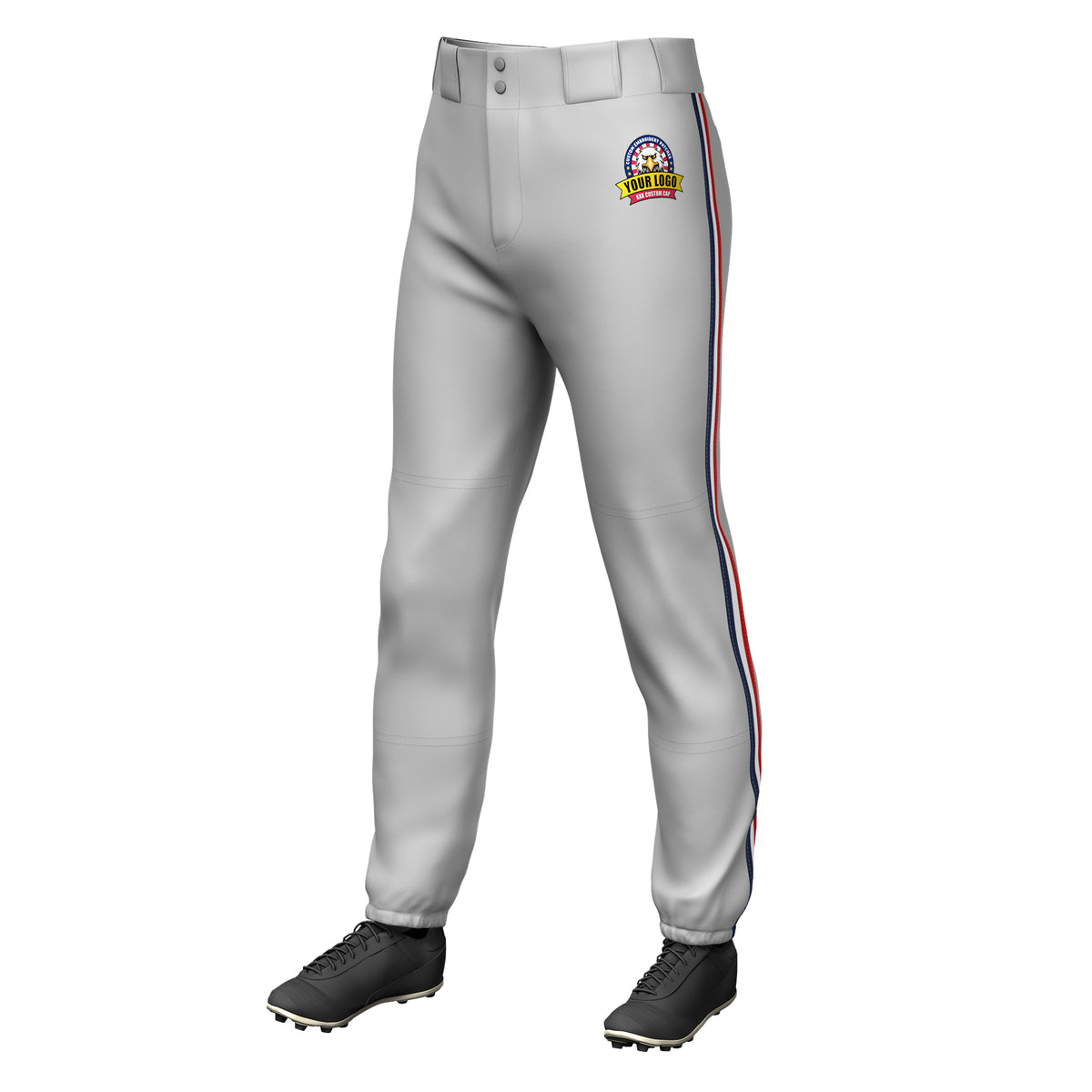 Custom Gray Navy White-Red Classic Fit Stretch Practice Pull-up Baseball Pants