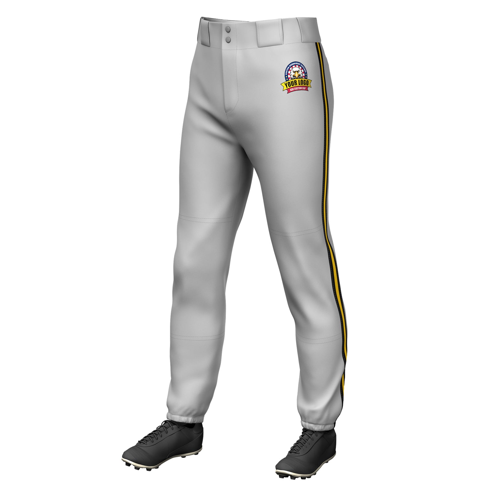 Custom Gray Black Gold-Black Classic Fit Stretch Practice Pull-up Baseball Pants