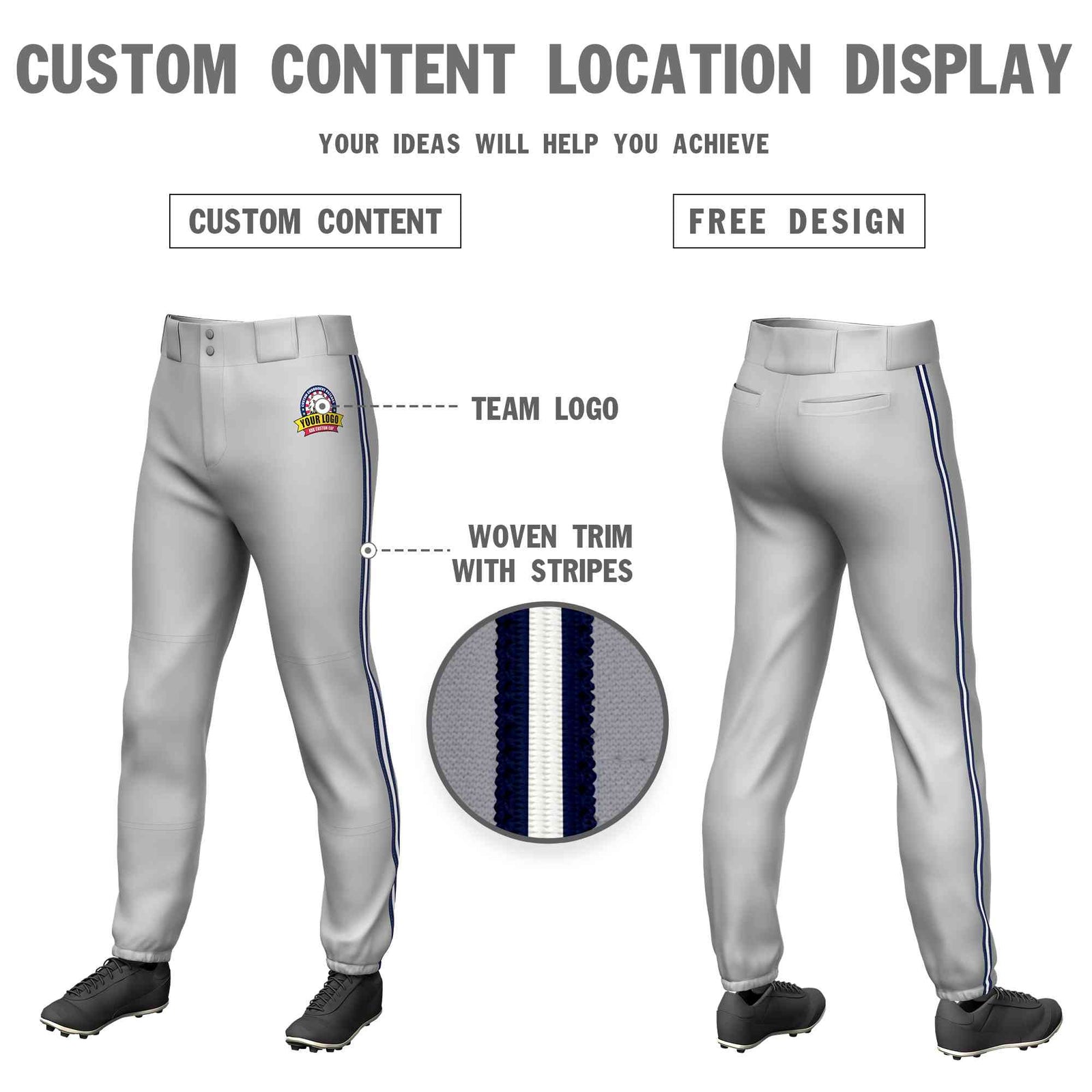 Custom Gray Navy White-Navy Classic Fit Stretch Practice Pull-up Baseball Pants
