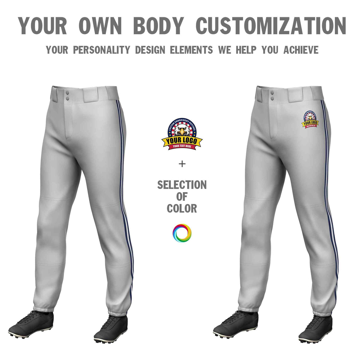 Custom Gray Navy White-Navy Classic Fit Stretch Practice Pull-up Baseball Pants