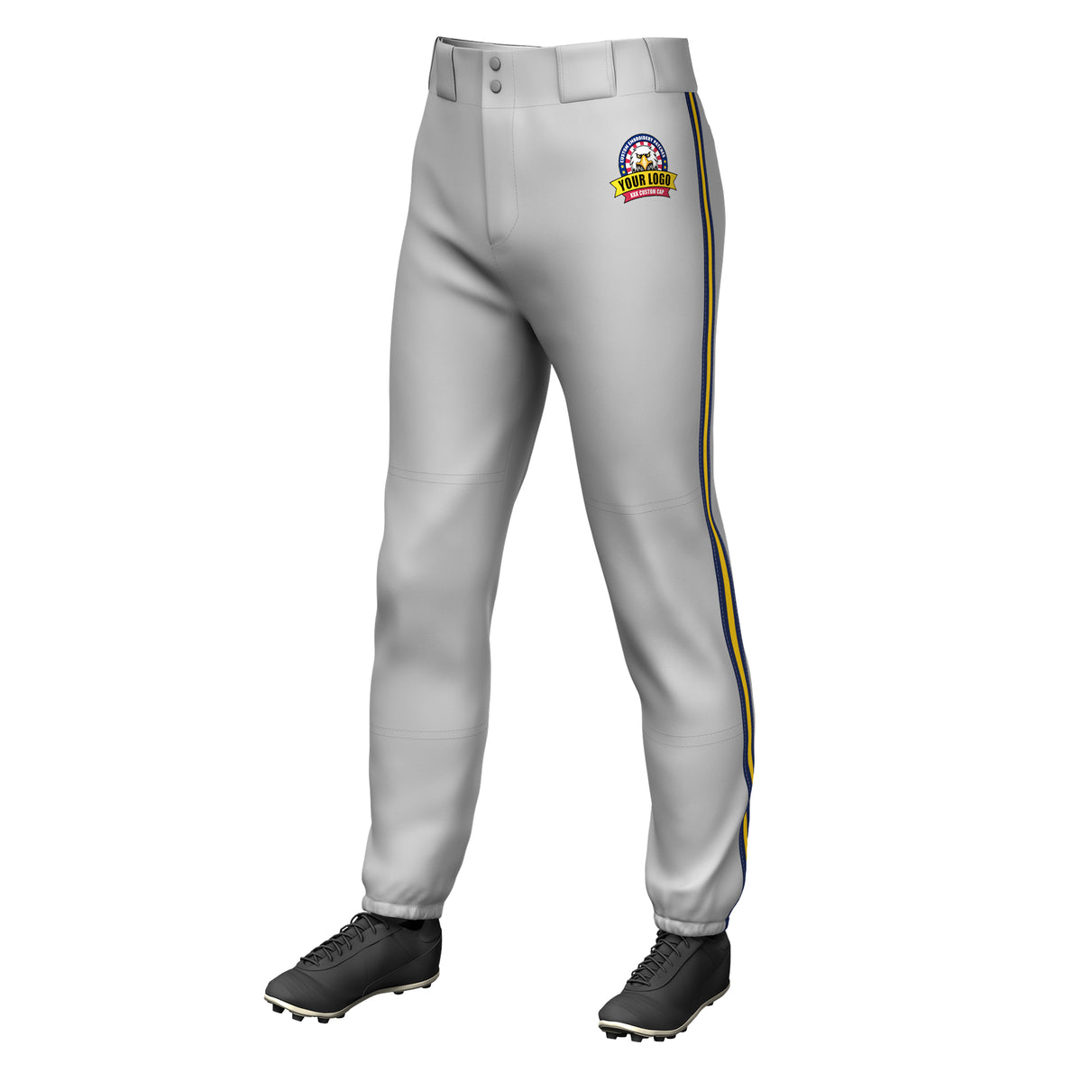 Custom Gray Navy Gold-Navy Classic Fit Stretch Practice Pull-up Baseball Pants
