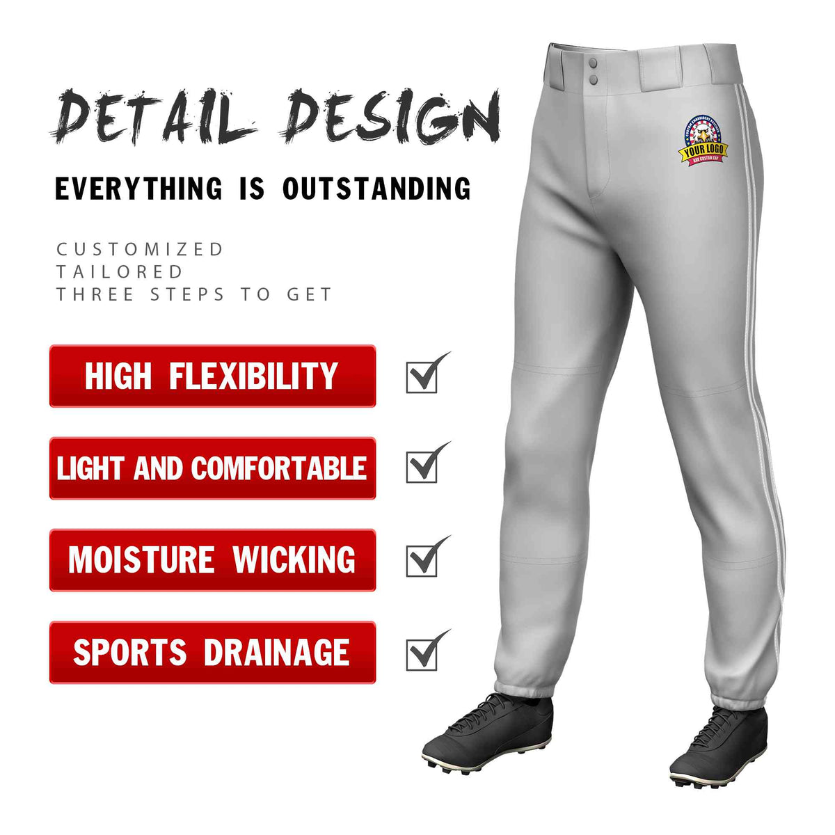 Custom Gray White Gray-White Classic Fit Stretch Practice Pull-up Baseball Pants