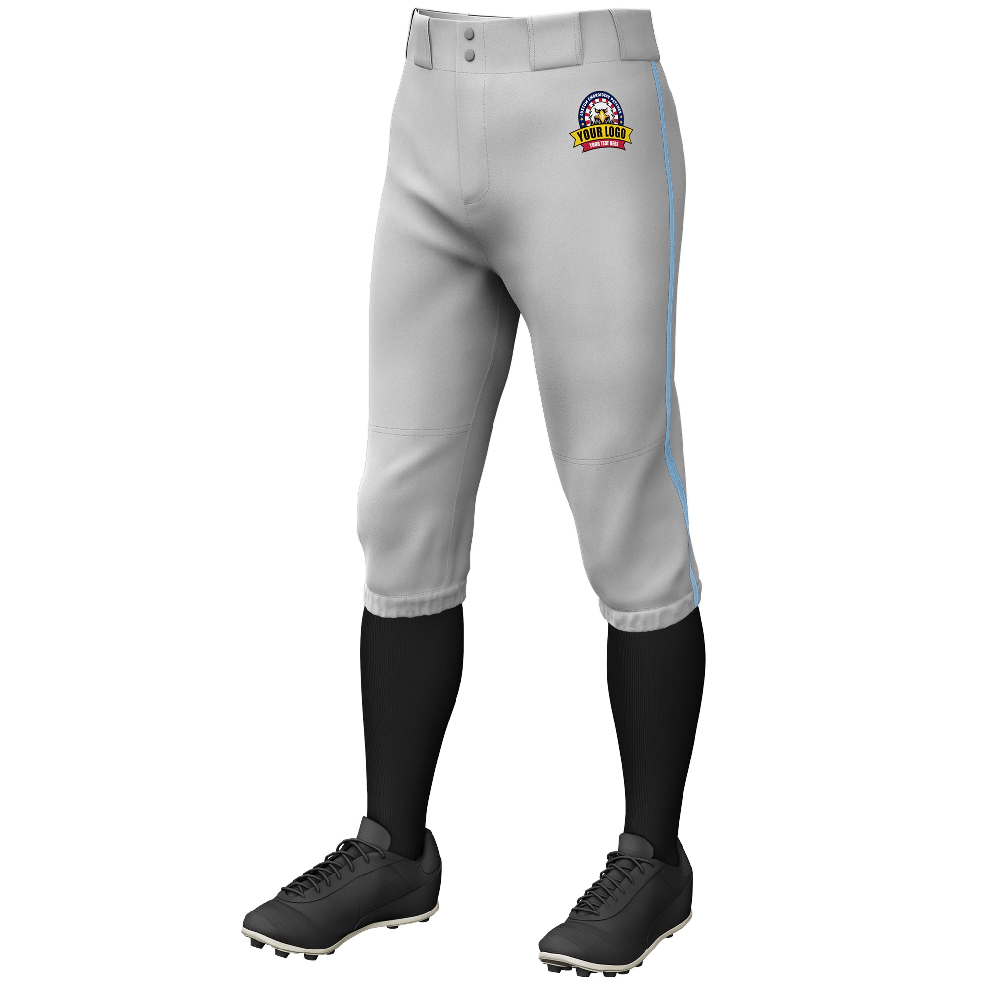 Custom Gray Light Blue Classic Fit Stretch Practice Knickers Baseball Pants