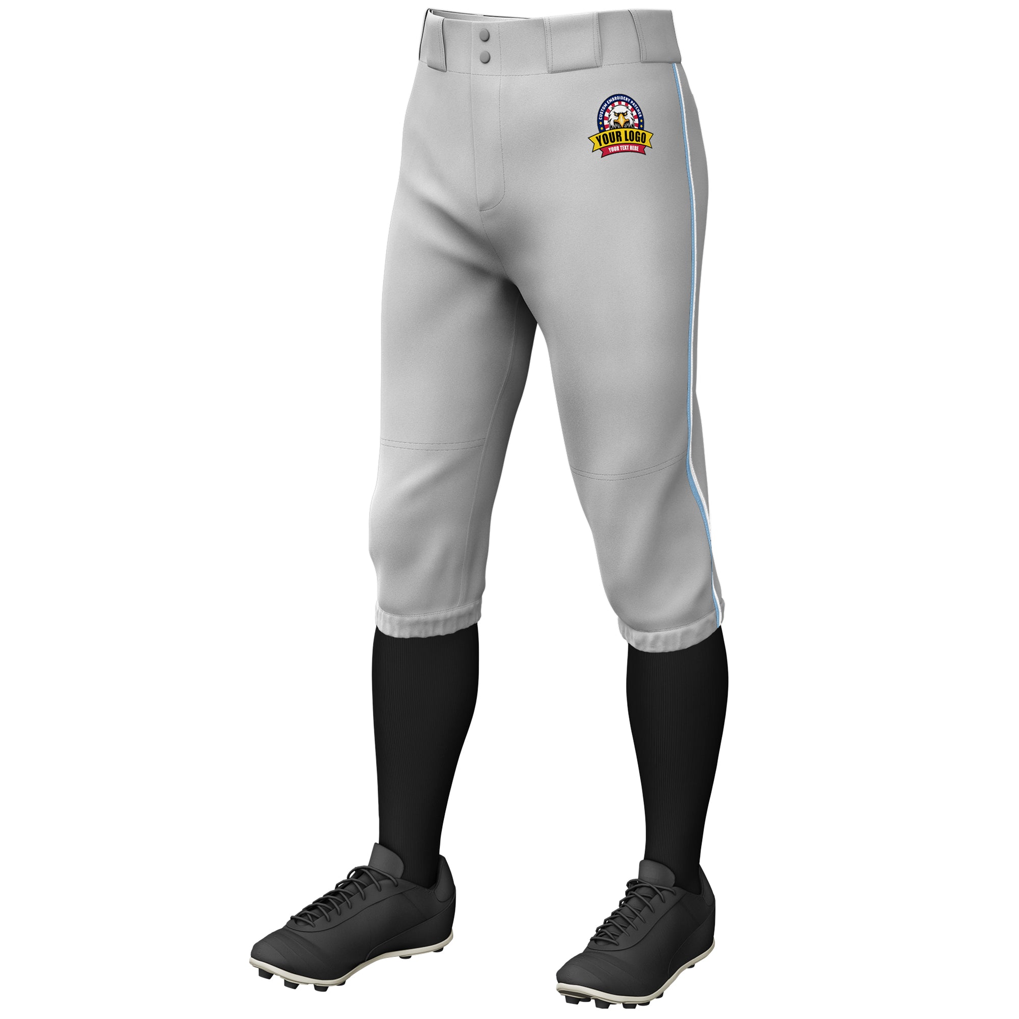 Custom Gray Light Blue-White Classic Fit Stretch Practice Knickers Baseball Pants