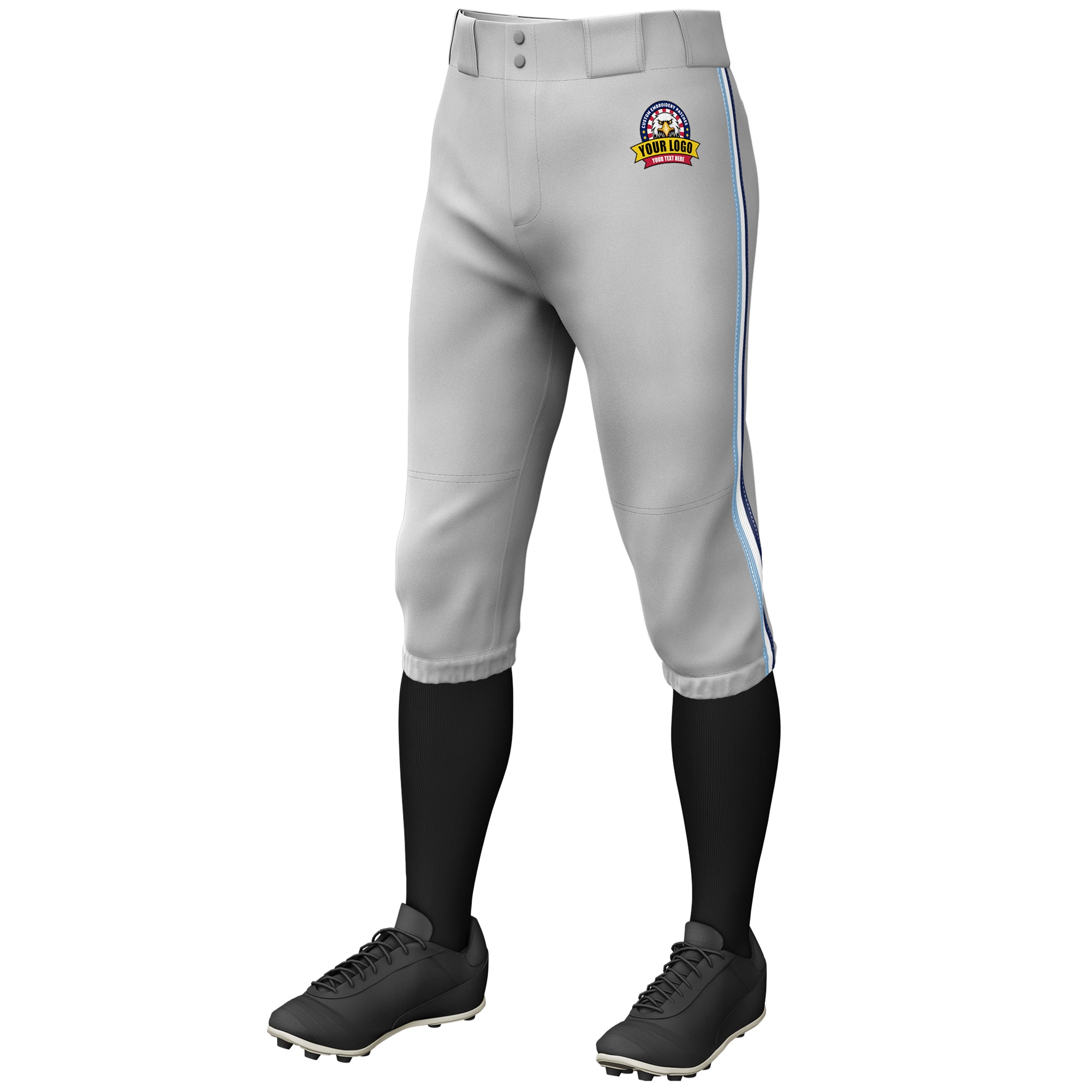 Custom Gray Light Blue White-Navy Classic Fit Stretch Practice Knickers Baseball Pants