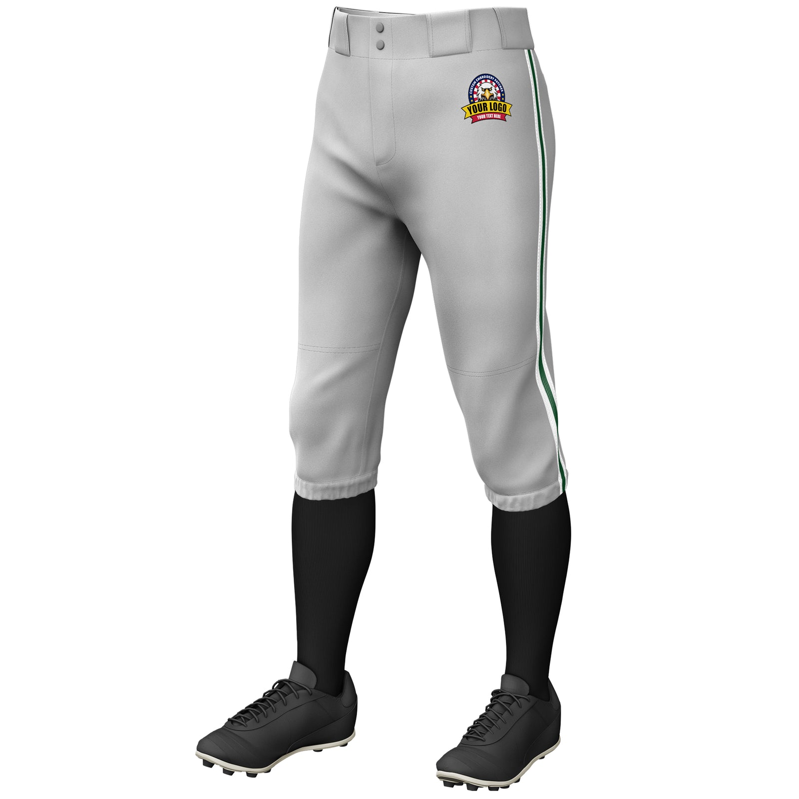 Custom Gray White Green-White Classic Fit Stretch Practice Knickers Baseball Pants