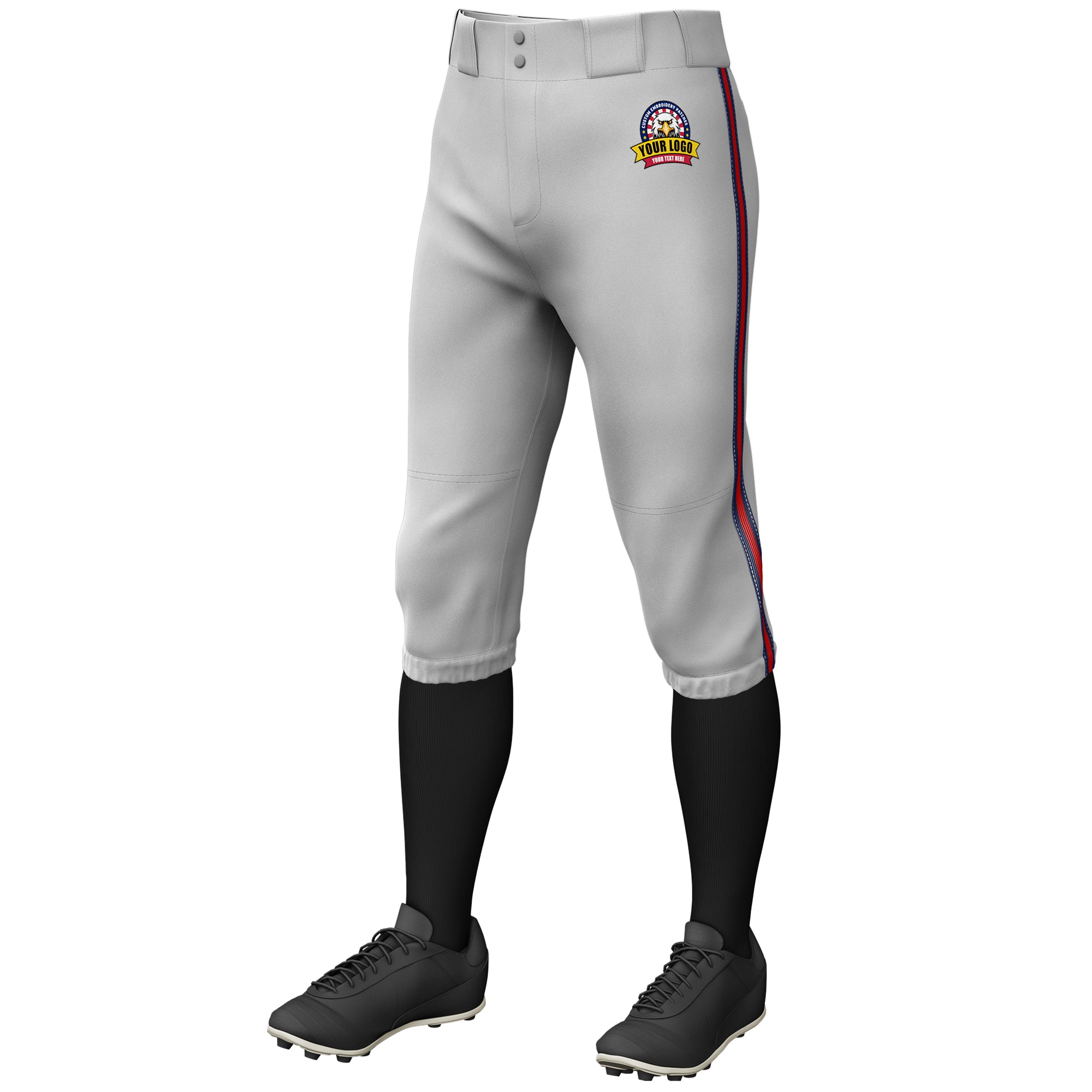 Custom Gray Navy Red-Navy Classic Fit Stretch Practice Knickers Baseball Pants