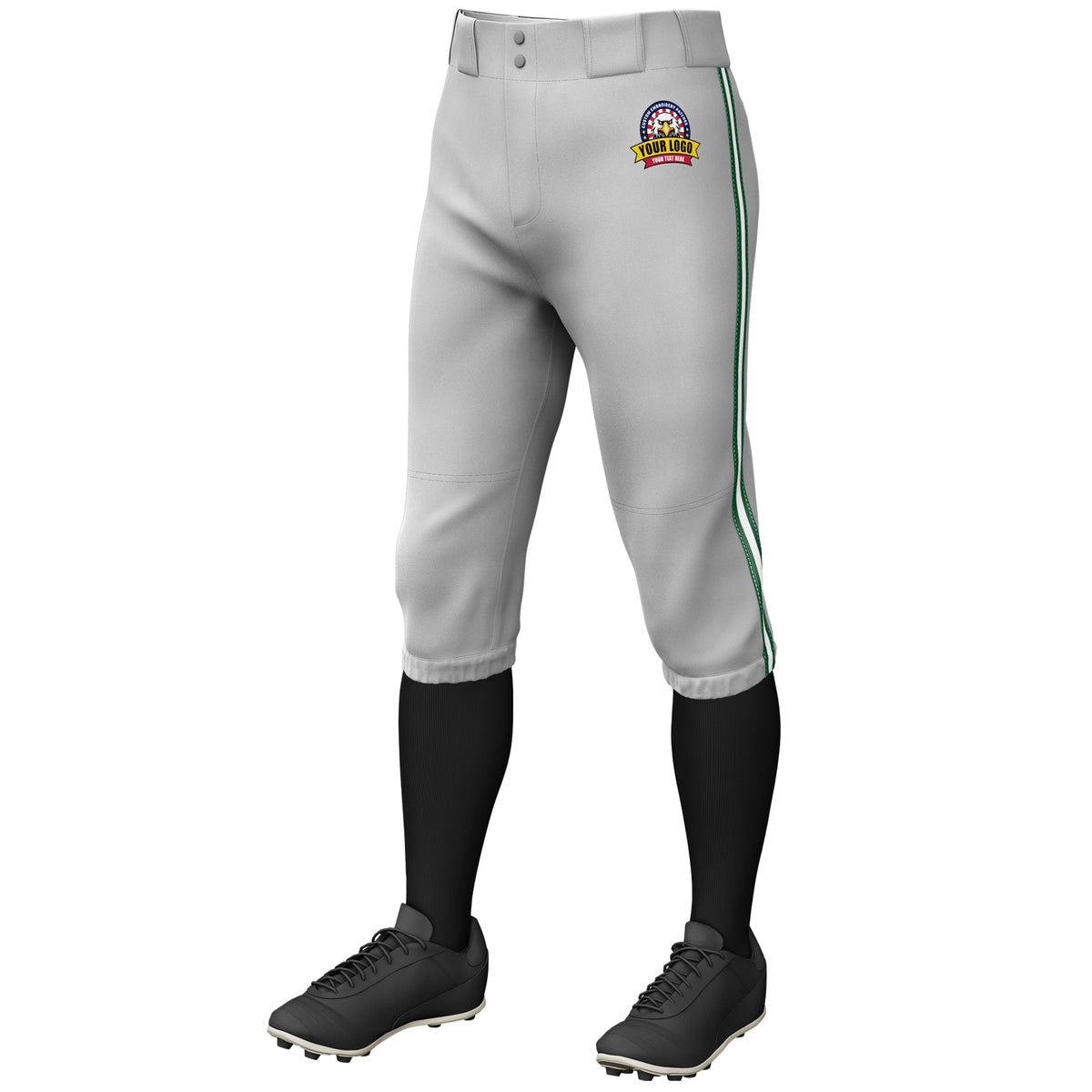 Custom Gray Green White-Green Classic Fit Stretch Practice Knickers Baseball Pants