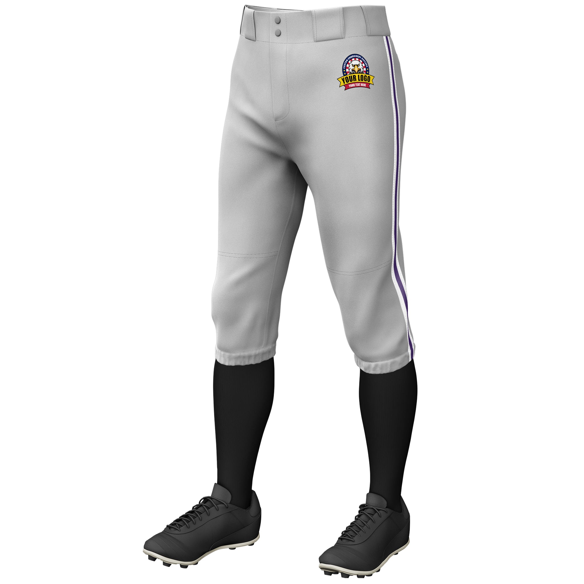 Custom Gray White Purple-White Classic Fit Stretch Practice Knickers Baseball Pants