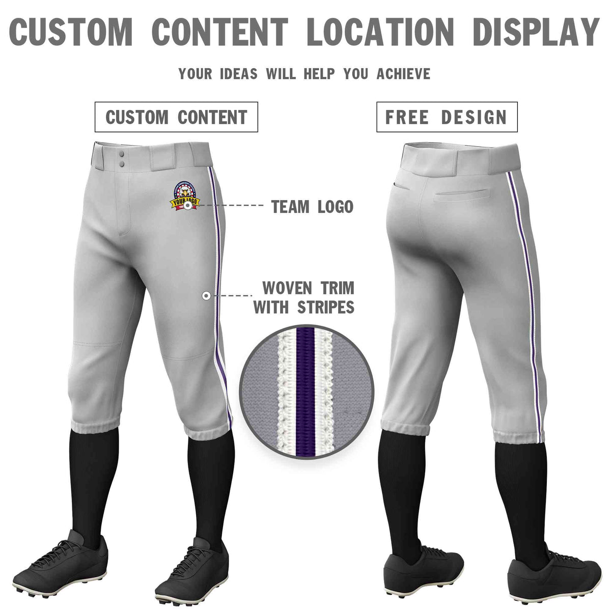 Custom Gray White Purple-White Classic Fit Stretch Practice Knickers Baseball Pants