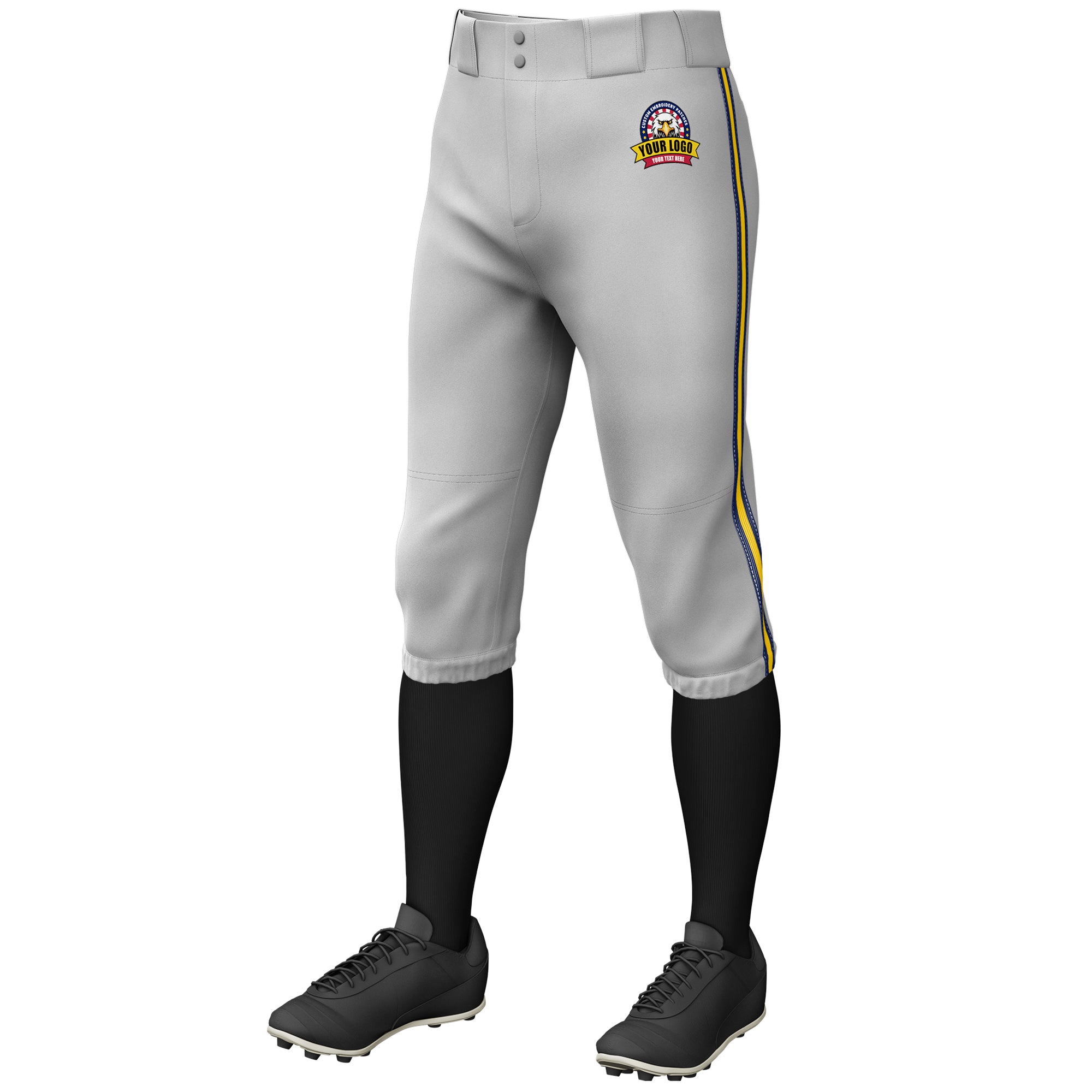 Custom Gray Navy Gold-Navy Classic Fit Stretch Practice Knickers Baseball Pants