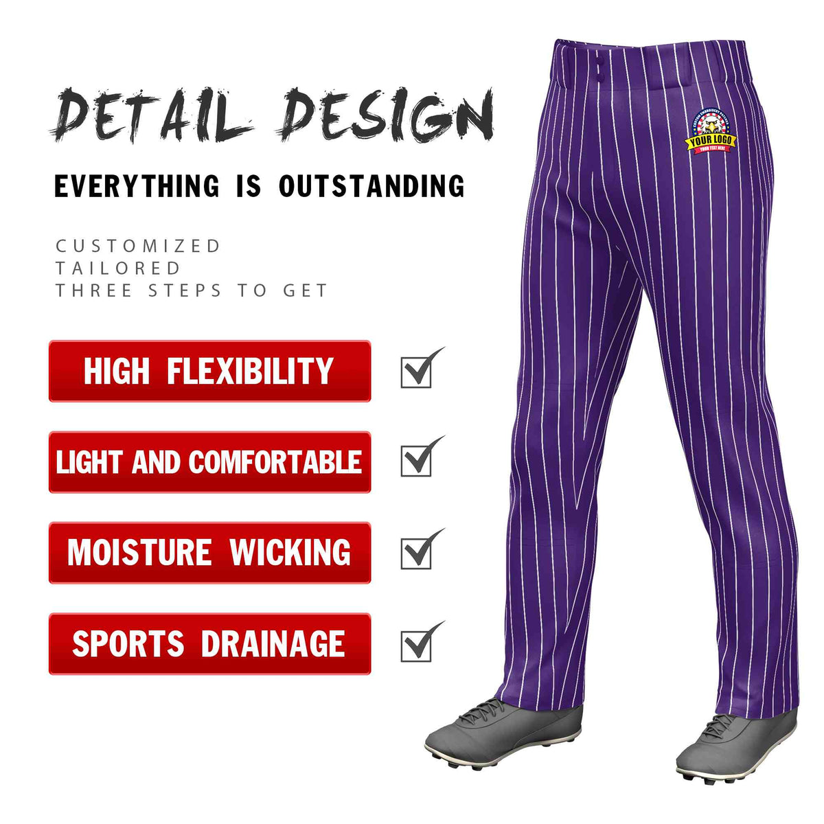 Custom Purple White Pinstripe Fit Stretch Practice Loose-fit Baseball Pants