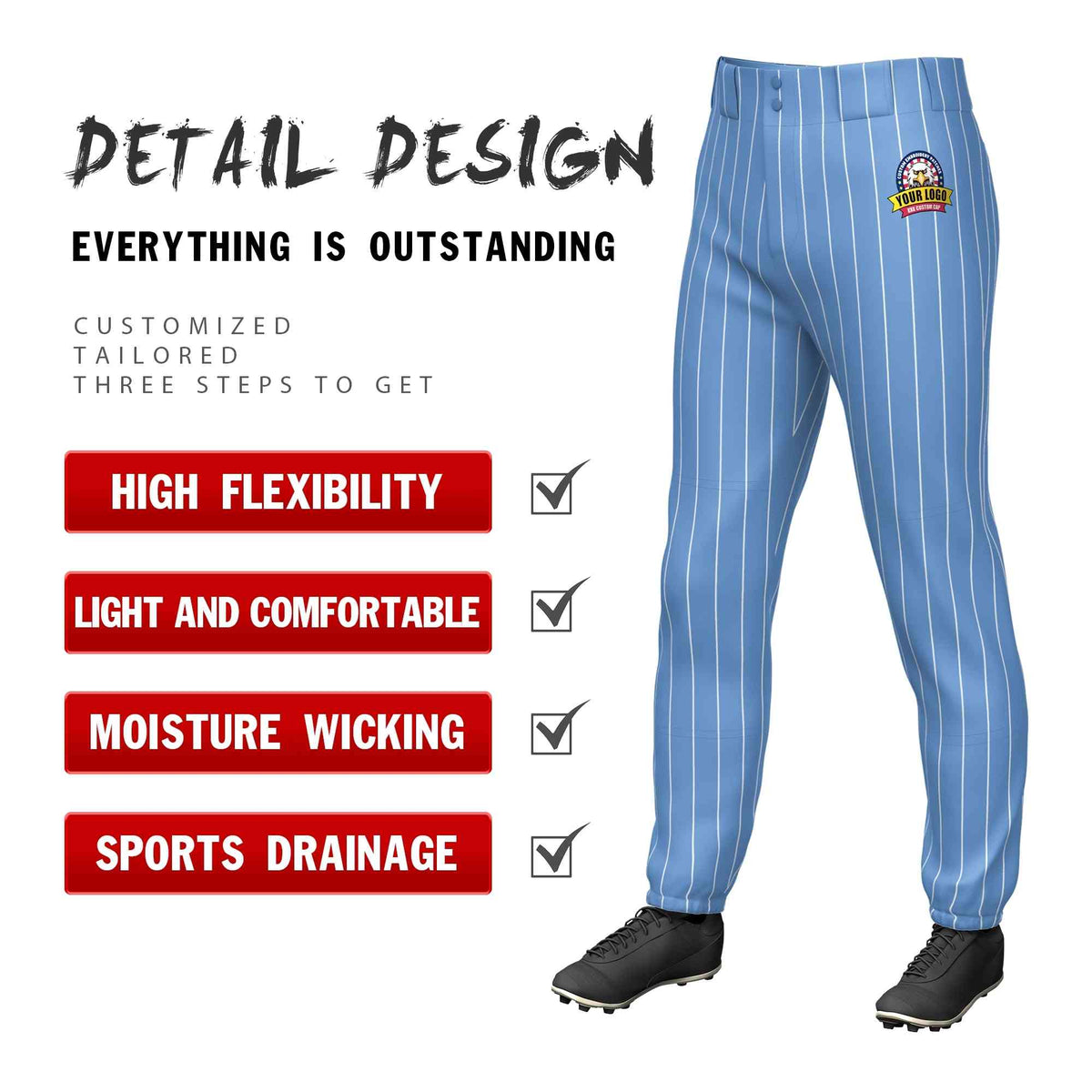Custom Light Blue White Pinstripe Fit Stretch Practice Pull-up Baseball Pants