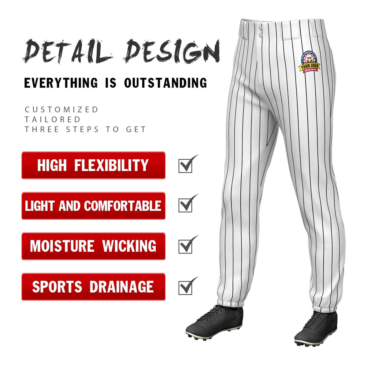 Custom White Black Pinstripe Fit Stretch Practice Pull-up Baseball Pants