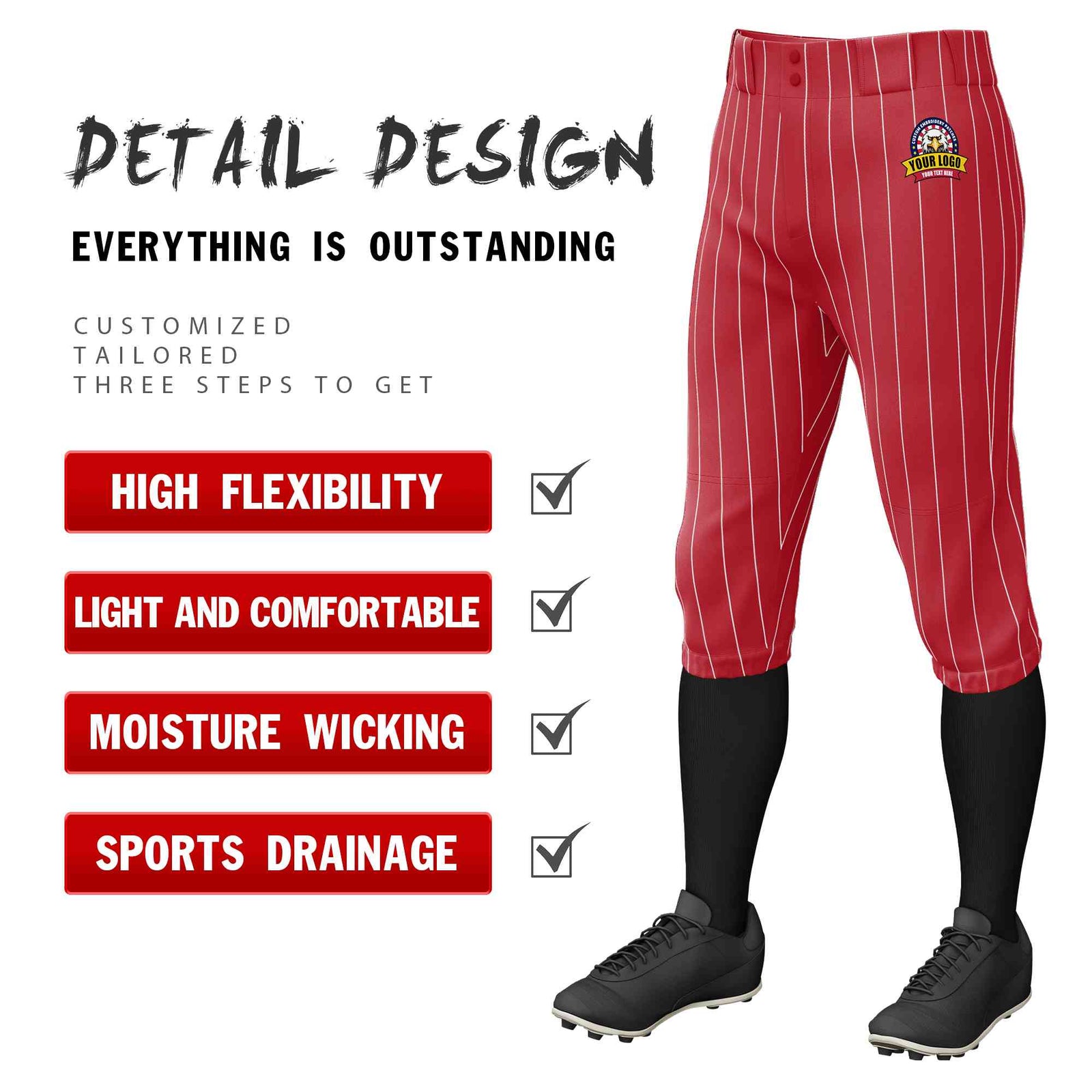 Custom Red White Pinstripe Fit Stretch Practice Knickers Baseball Pants
