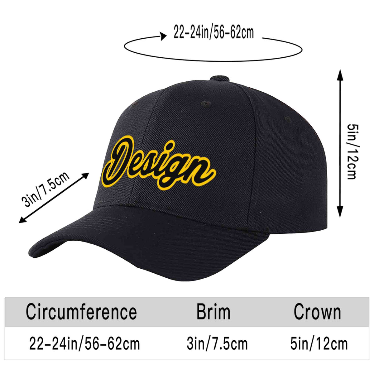 Custom Black Black-Gold 3D Puff Embroidery Flat Embroidery Curved Eaves Sport Design Baseball Cap