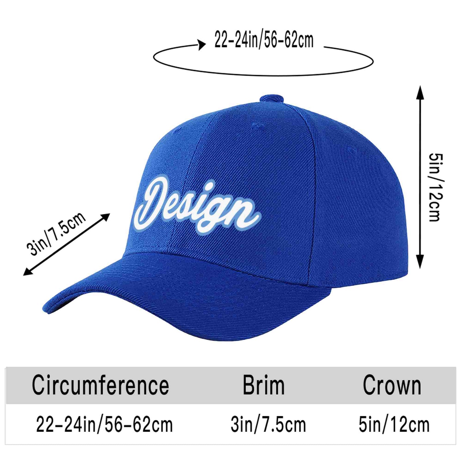Custom Royal White-Light Blue 3D Puff Embroidery Flat Embroidery Curved Eaves Sport Design Baseball Cap