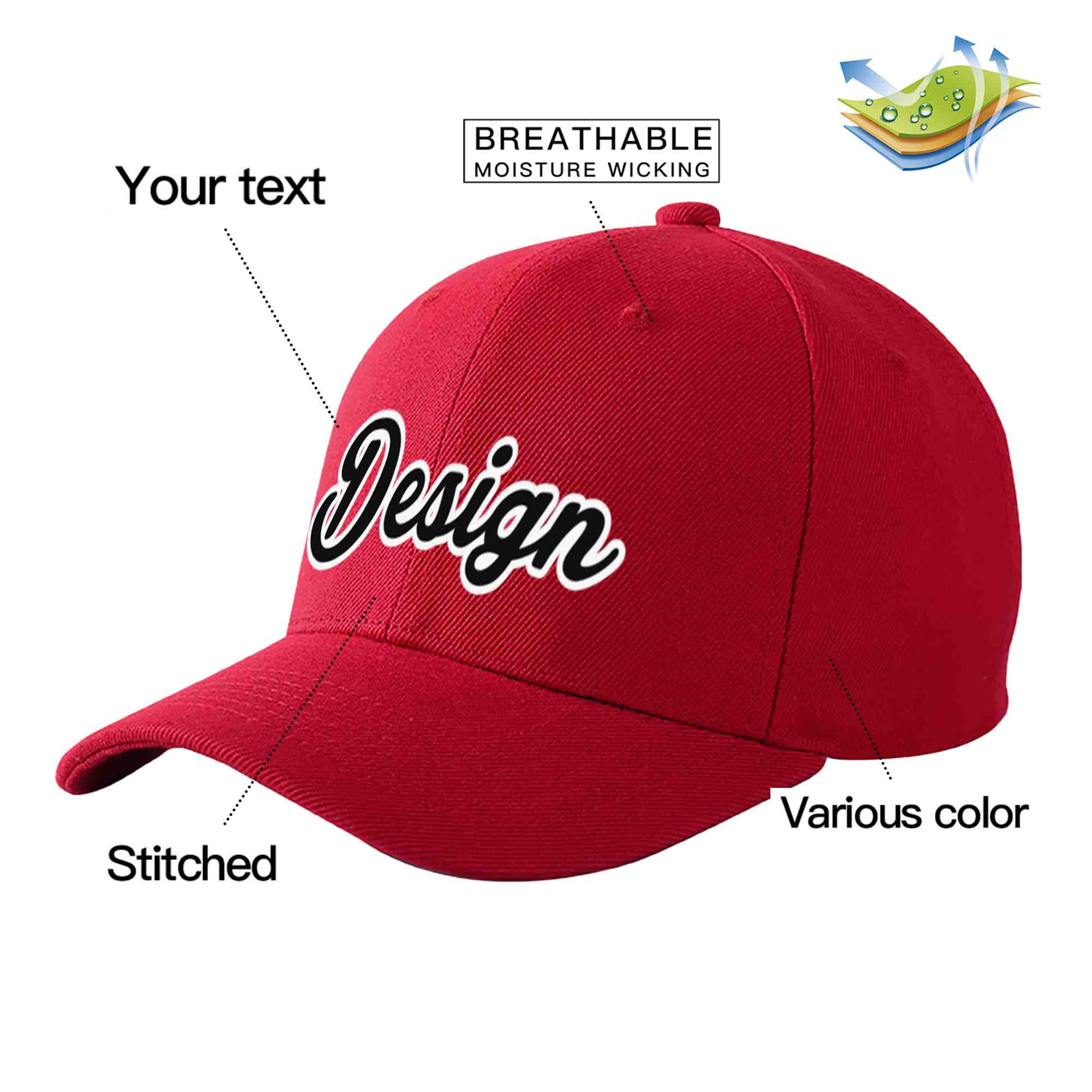 Custom Red Black-White 3D Puff Embroidery Flat Embroidery Curved Eaves Sport Design Baseball Cap