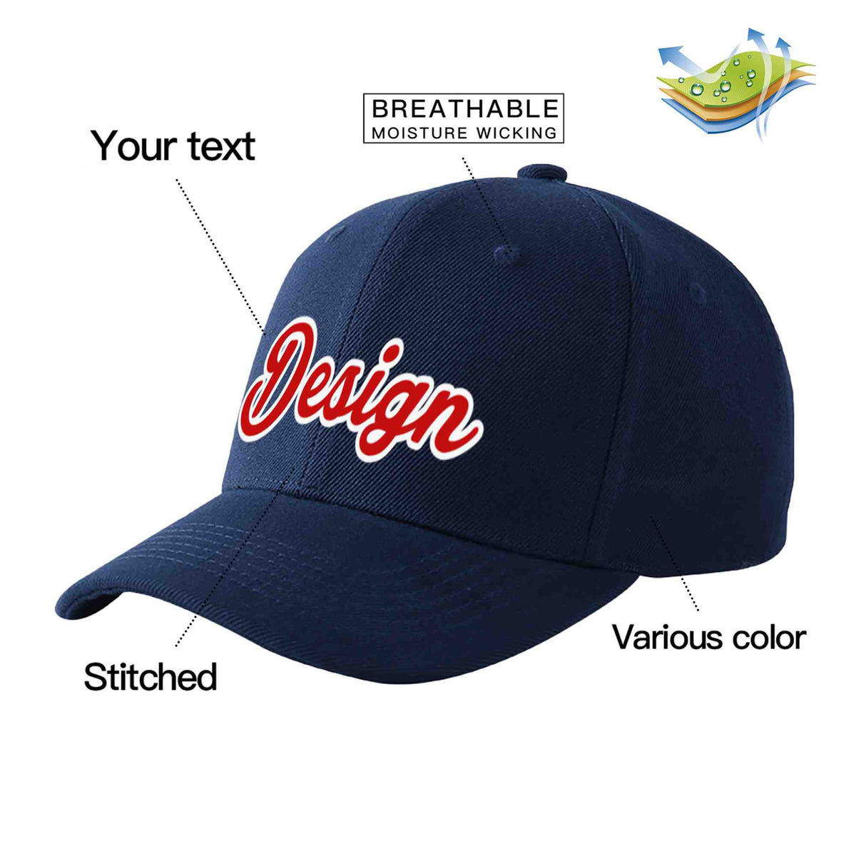 Custom Navy Red-White 3D Puff Embroidery Flat Embroidery Curved Eaves Sport Design Baseball Cap