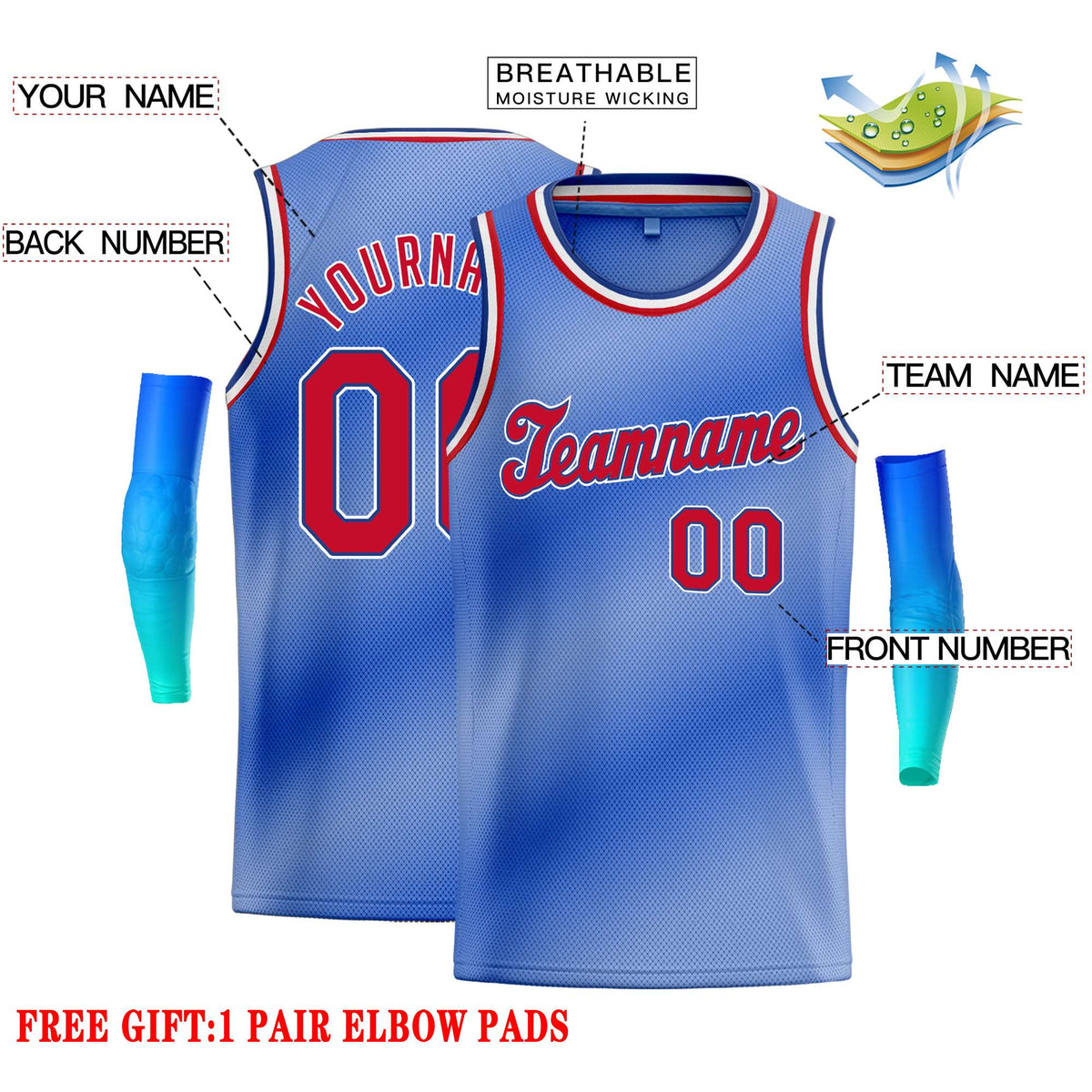 Custom Light Blue White-Red Gradient Fashion Tops Tilted Basketball Jersey
