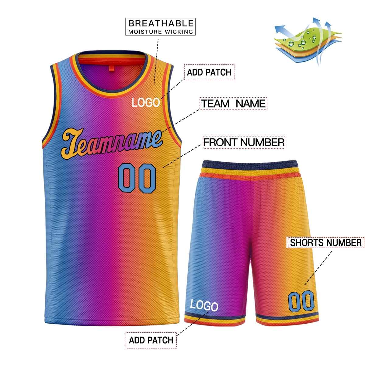 Custom Blue Pink-Yellow Gradient Fashion Sets Sport Basketball Jersey