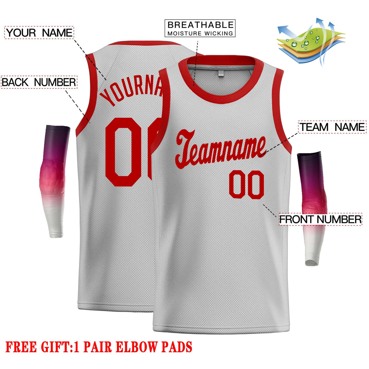 Custom Gray Red Classic Tops Casual Basketball Jersey