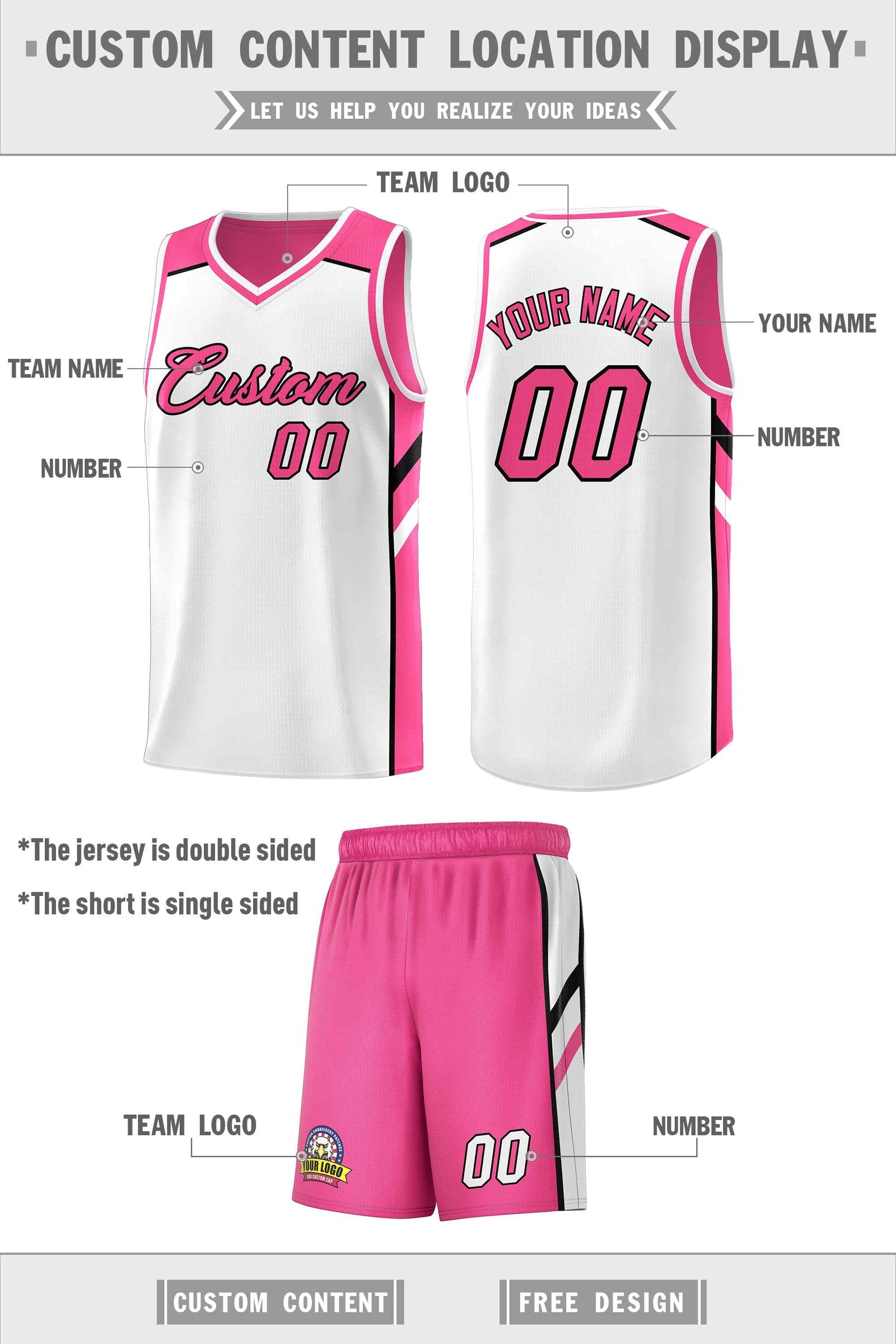 Custom Pink White Double Side Sets Men Basketball Jersey