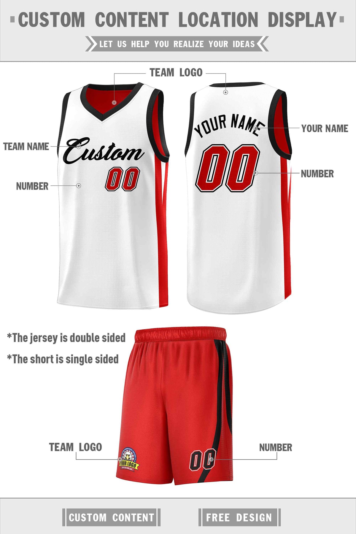 Custom White Red-Black Double Side Sets Men Basketball Jersey