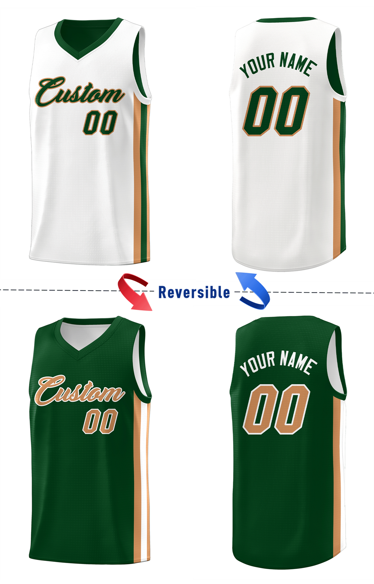 Custom Green White-Khaki Double Side Tops Basketball Jersey