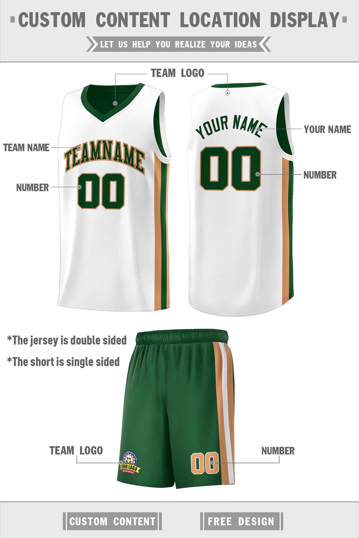 Custom Green White-Old Gold Double Side Sets Men Basketball Jersey