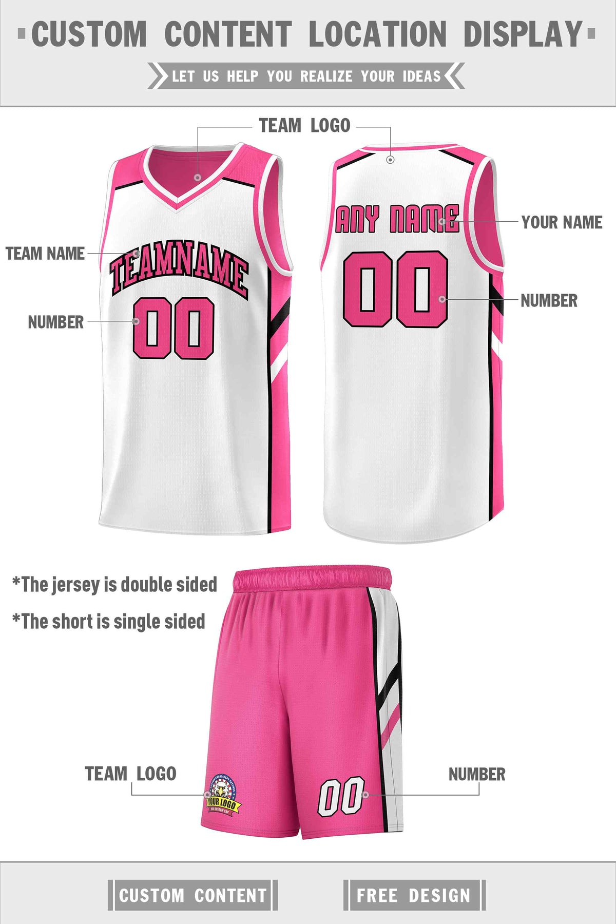 Custom Pink White Double Side Sets Men Basketball Jersey