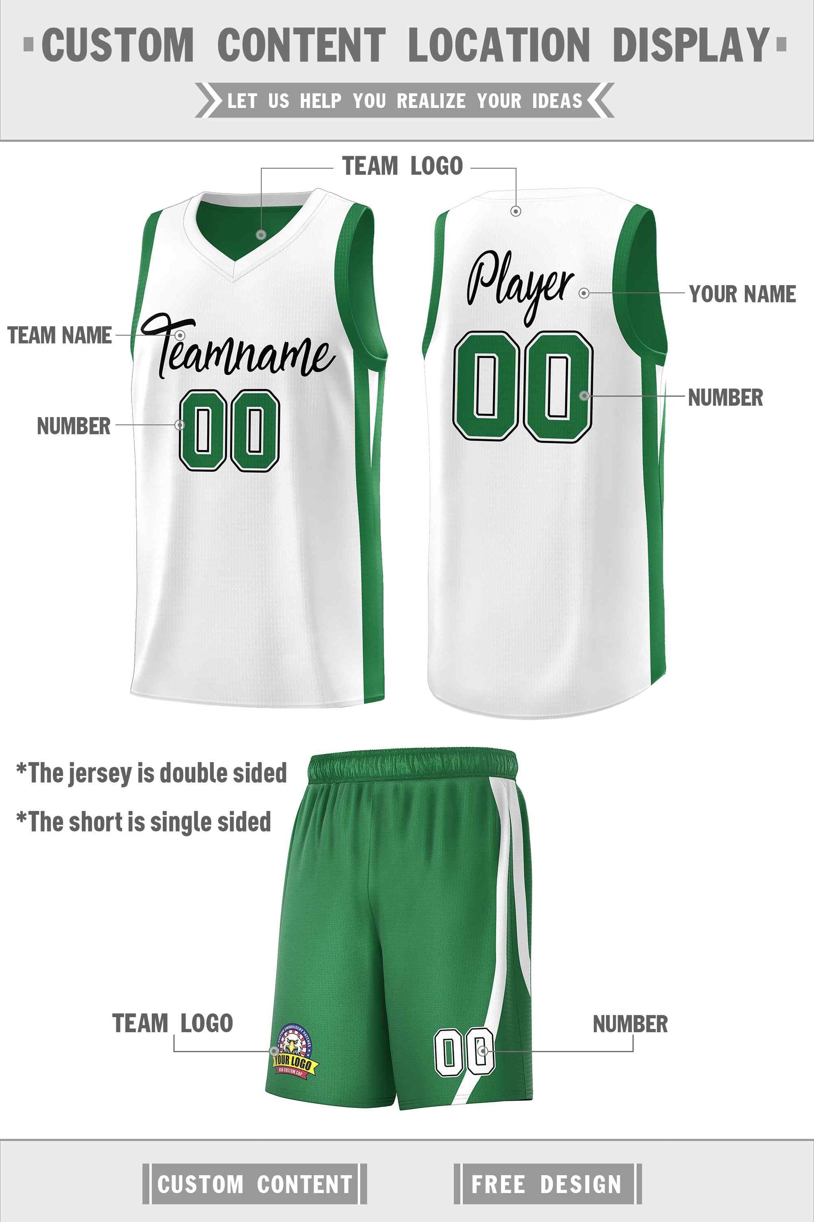 Custom Green White-Black Double Side Sets Men Basketball Jersey