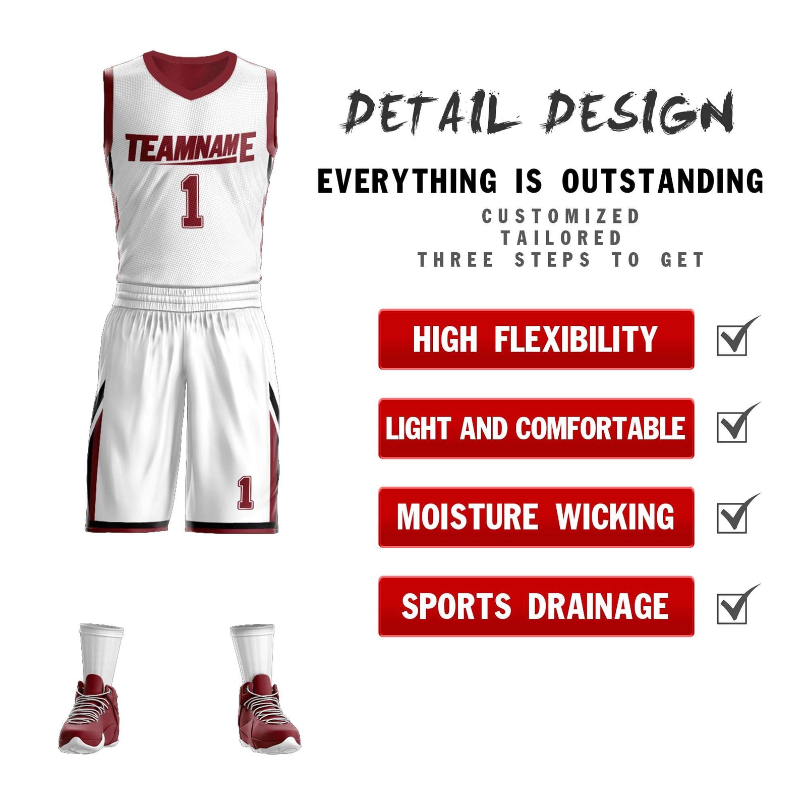 Custom White Red Double Side Sets Design Sportswear Basketball Jersey