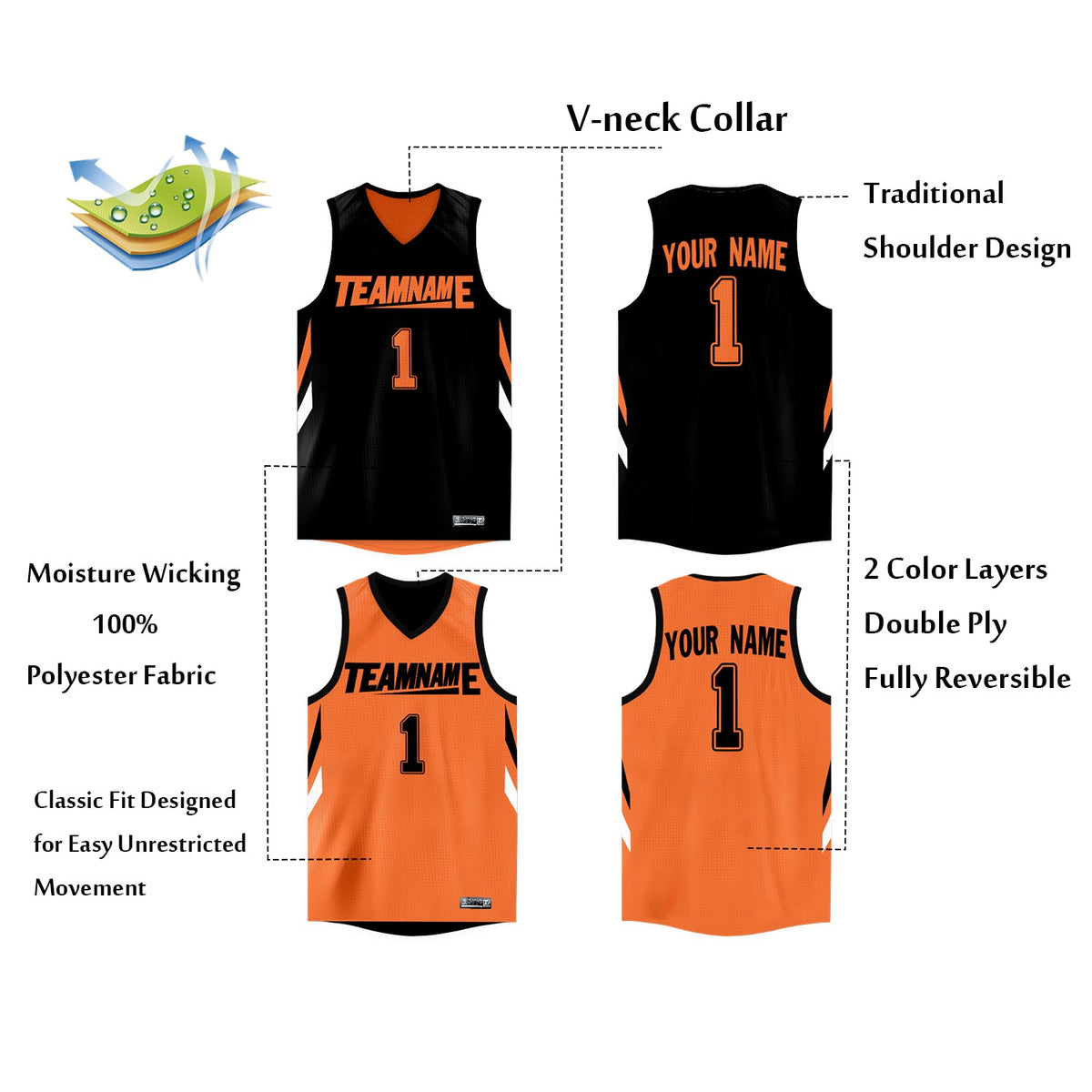Custom Black Orange  Double Side Tops Athletic Basketball Jersey