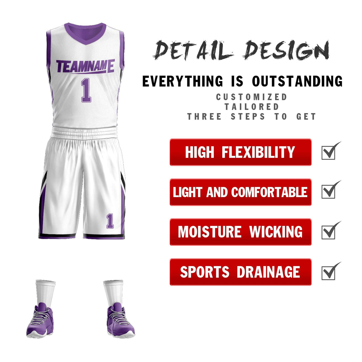Custom White Purple Double Side Sets Design Sportswear Basketball Jersey