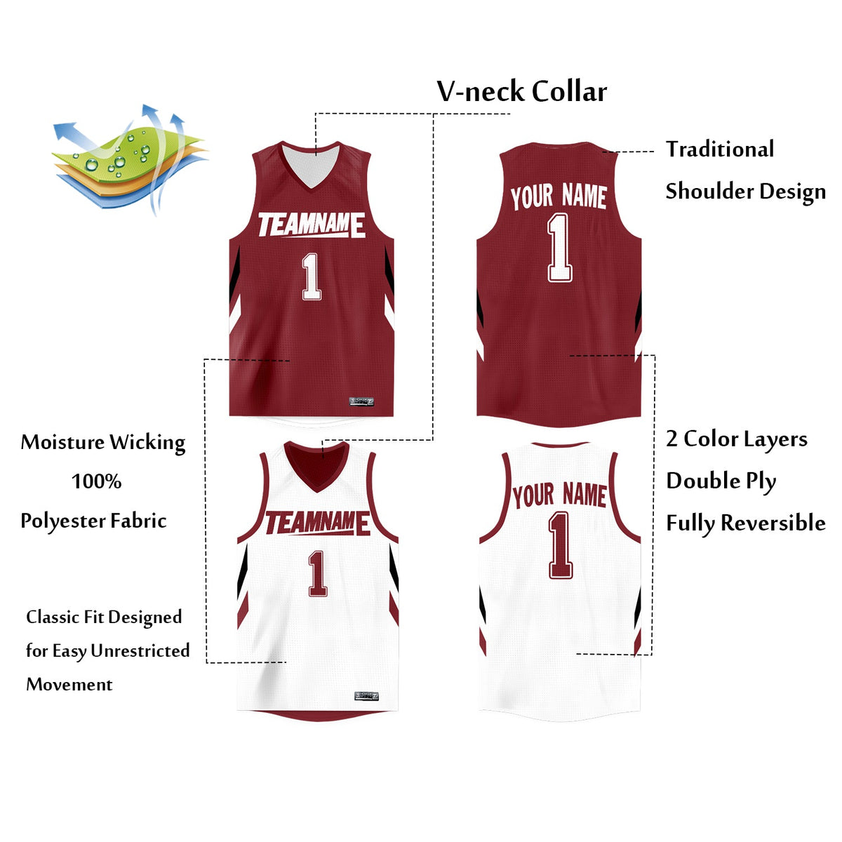 Custom Crimson White  Double Side Tops Athletic Basketball Jersey