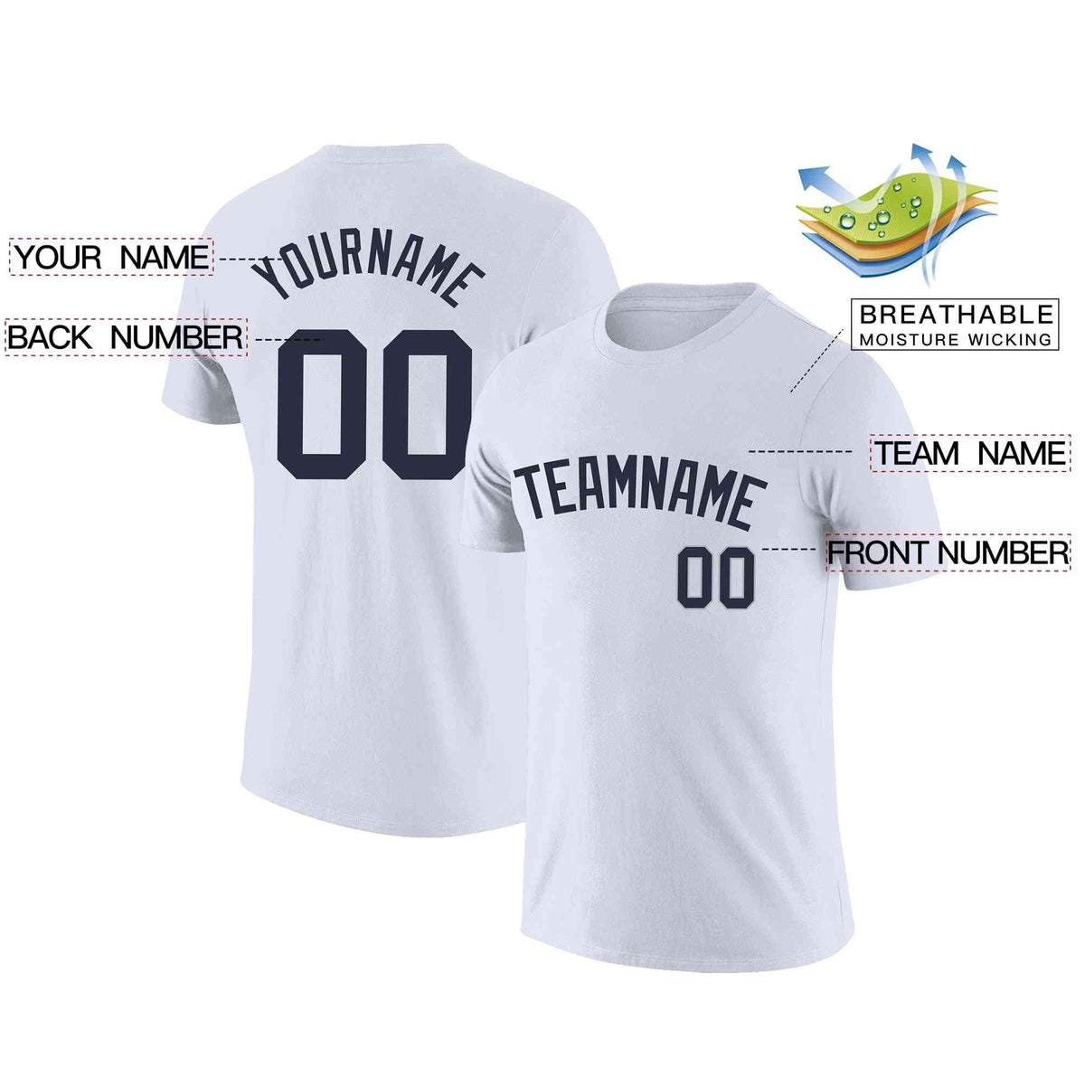 Custom White Navy Classic Style Crew neck T-Shirts Full Sublimated