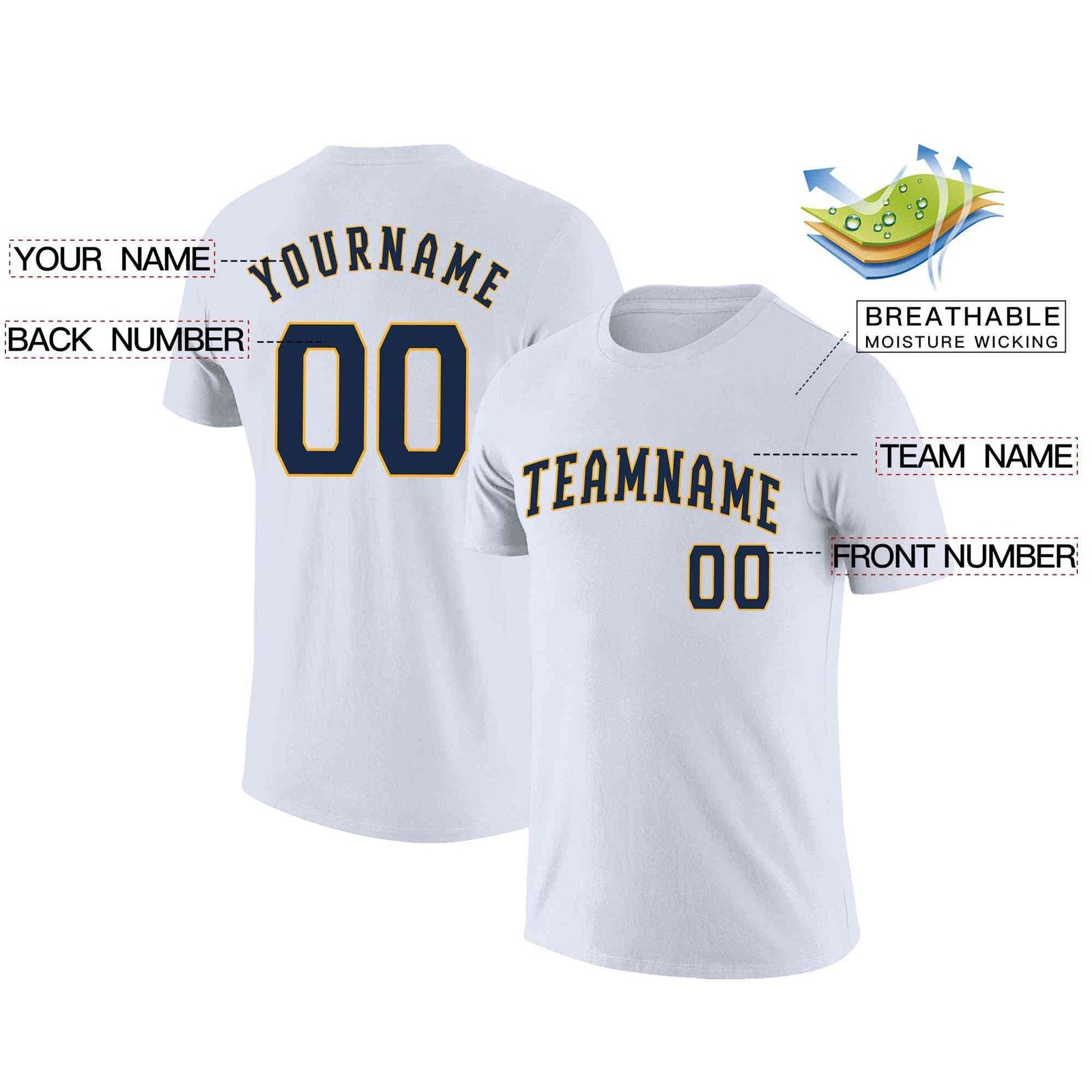 Custom White Navy-Yellow Classic Style Crew neck T-Shirts Full Sublimated