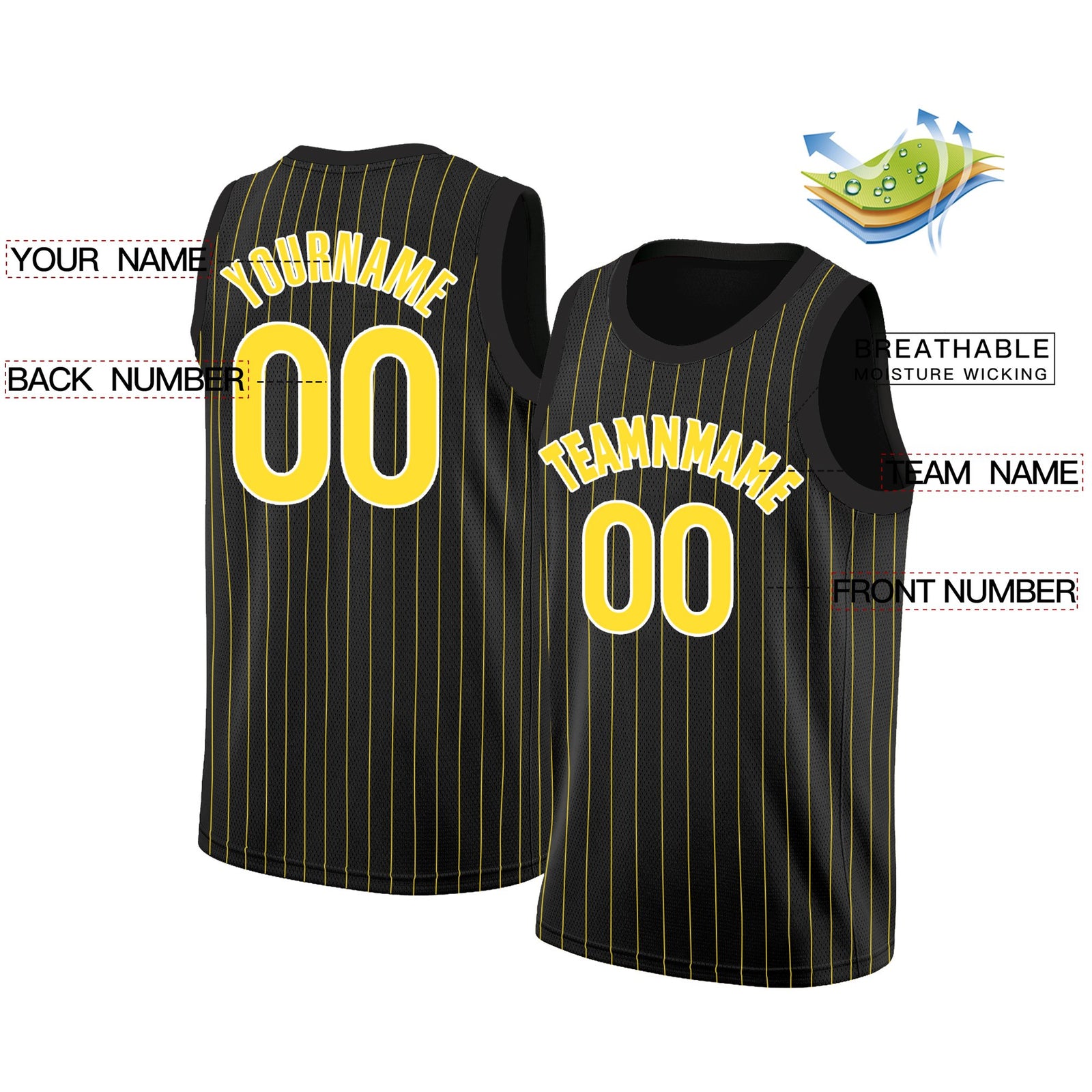Custom Black Yellow-White Stripe Fashion Tops Breathable Basketball Jersey