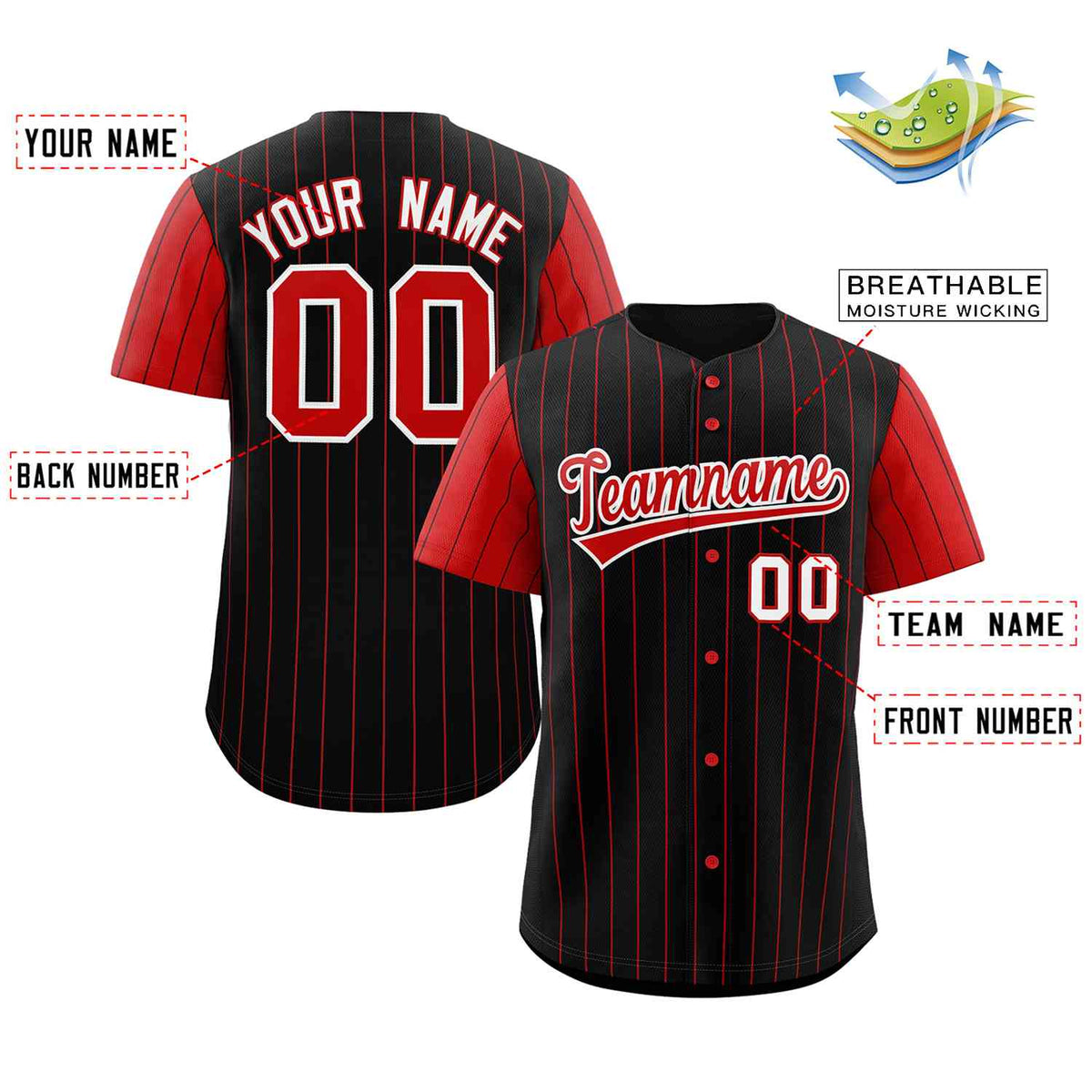 Custom Black Red-White Stripe Fashion Raglan Sleeves Authentic Baseball Jersey