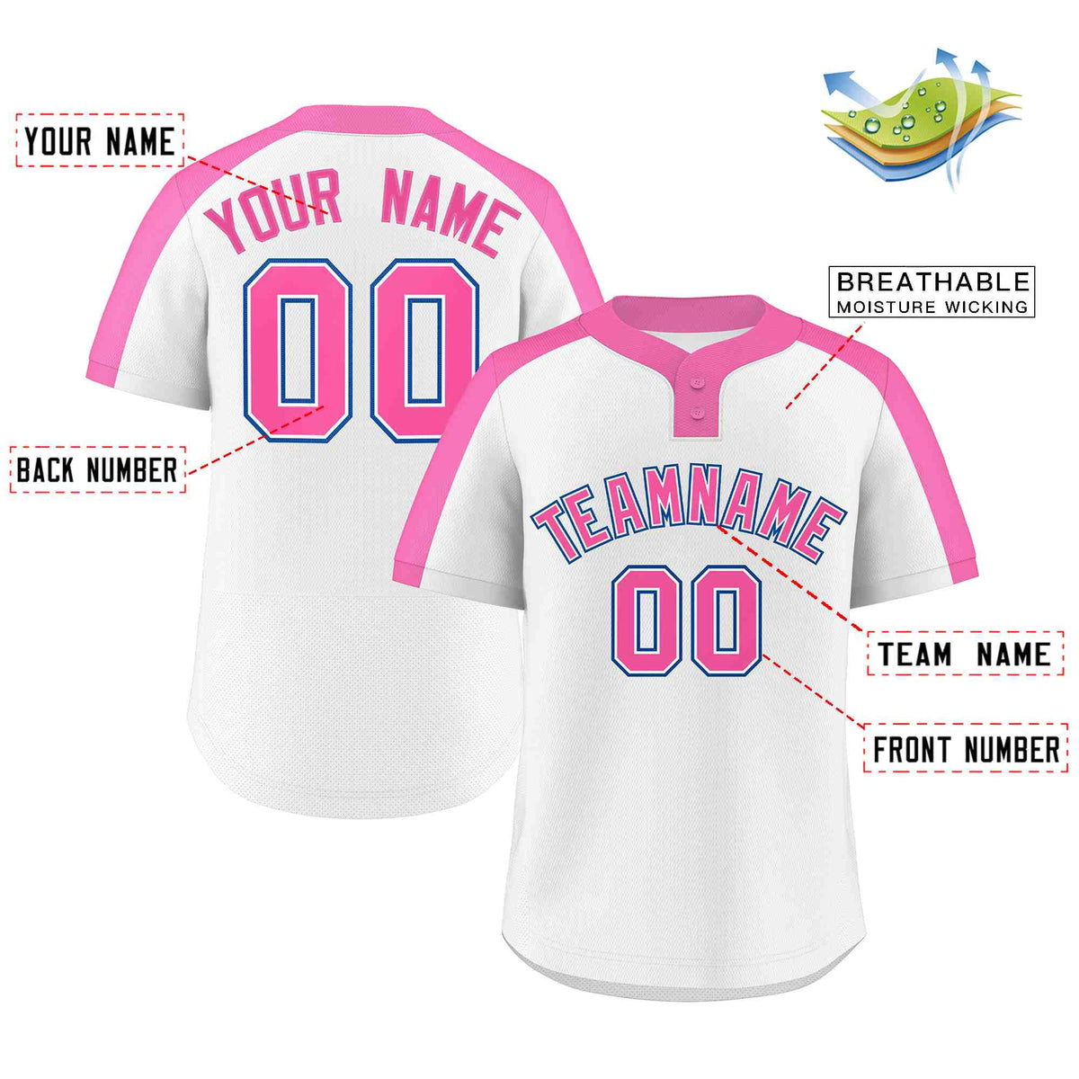 Custom White Pink-White Classic Style Authentic Two-Button Softball Jersey