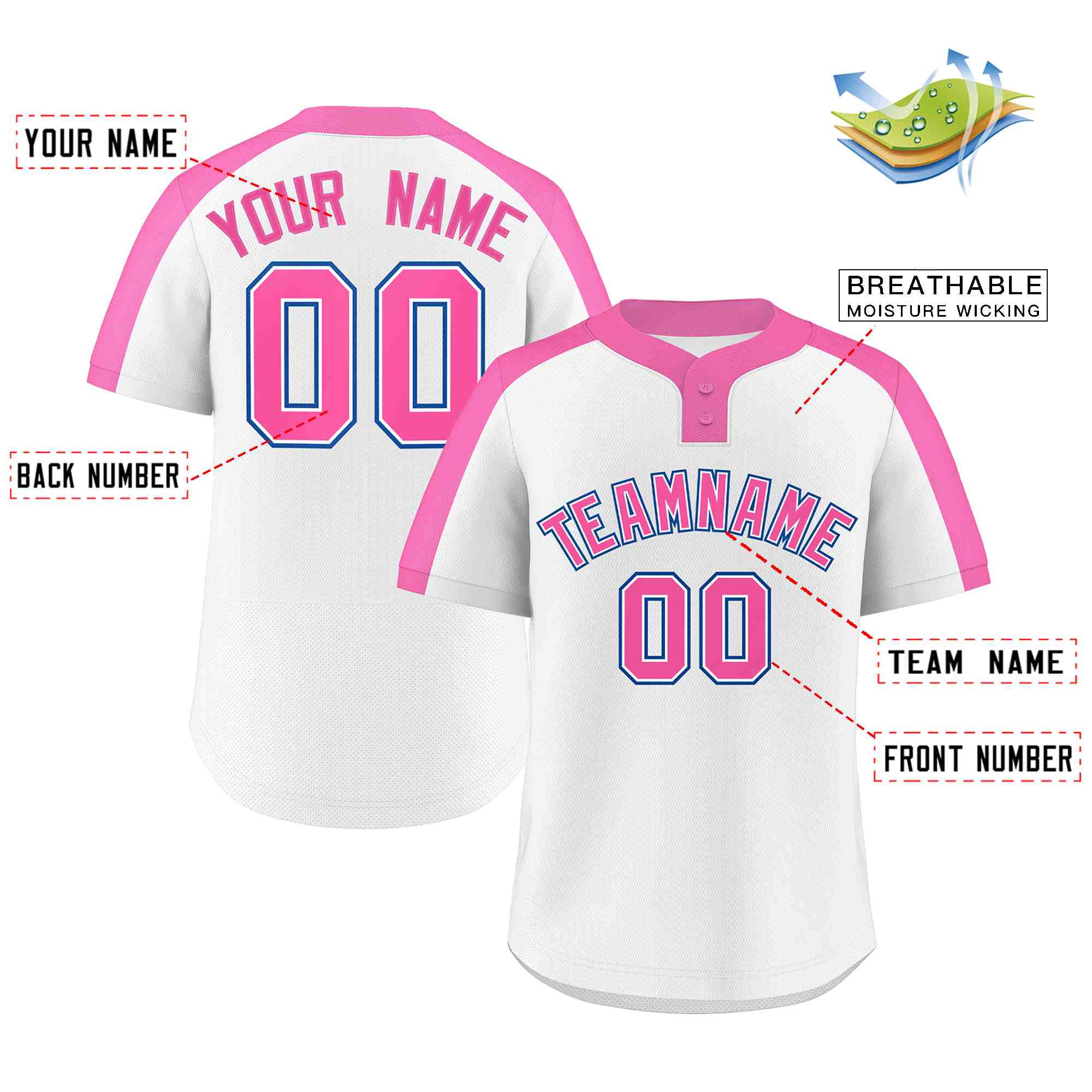 Custom White Pink-White Classic Style Authentic Two-Button Softball Jersey