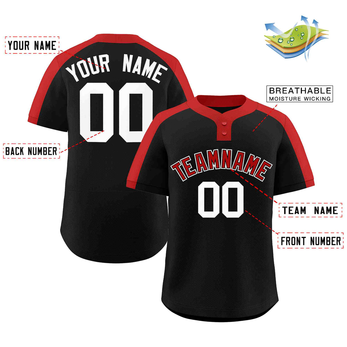 Custom Black Red-Black Classic Style Authentic Two-Button Softball Jersey