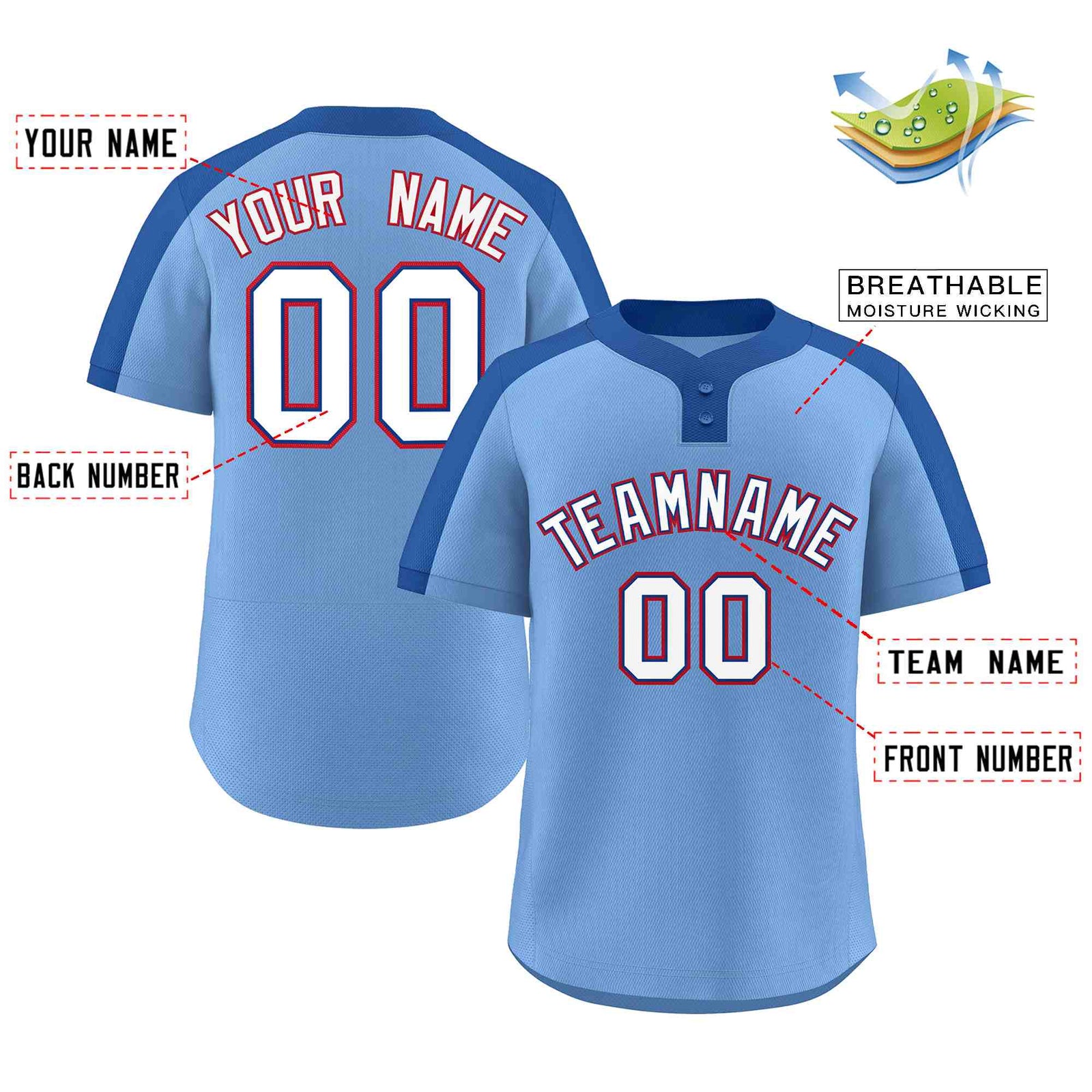 Custom Light Blue White-Royal Classic Style Authentic Two-Button Softball Jersey