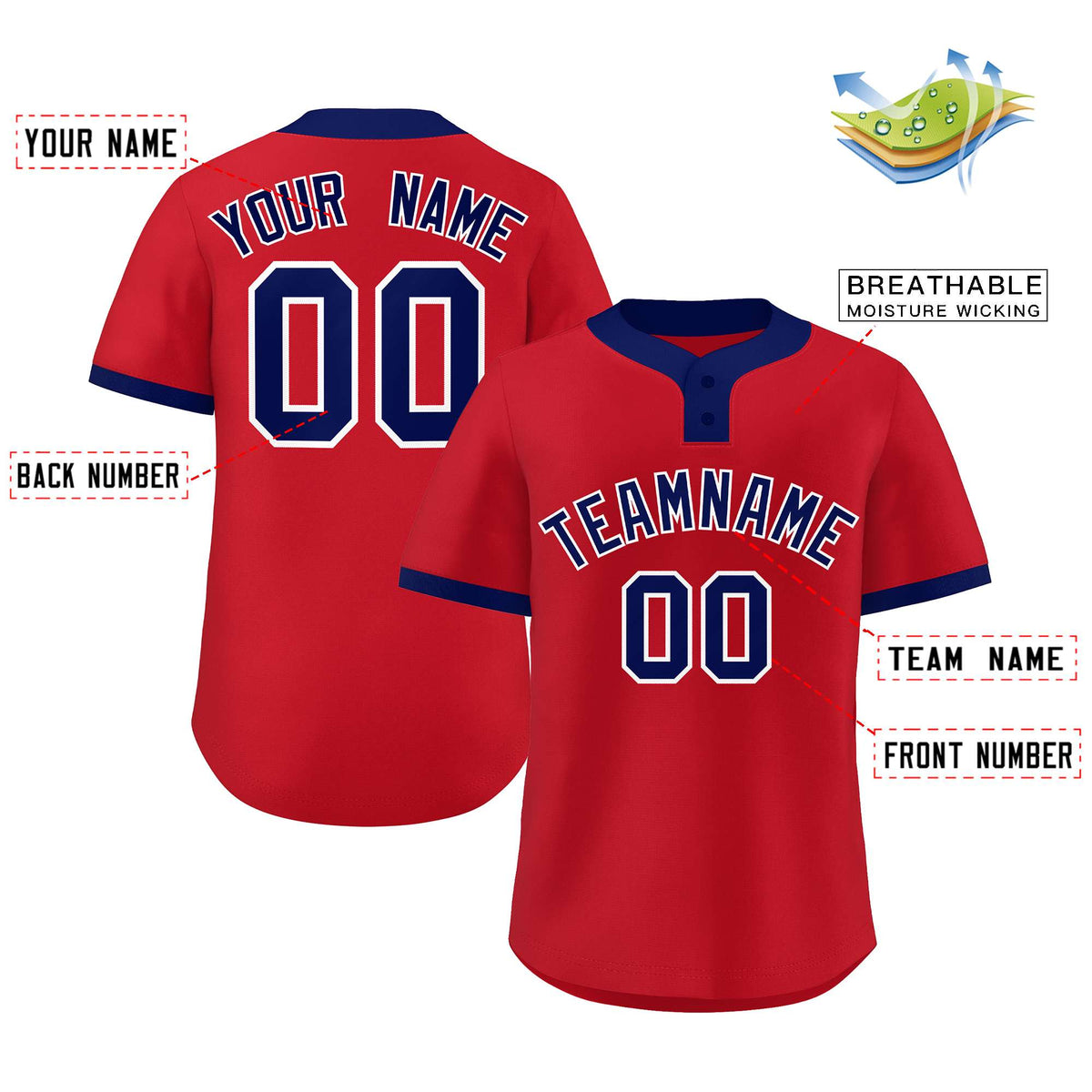 Custom Red Blue-White Classic Style Authentic Two-Button Softball Jersey