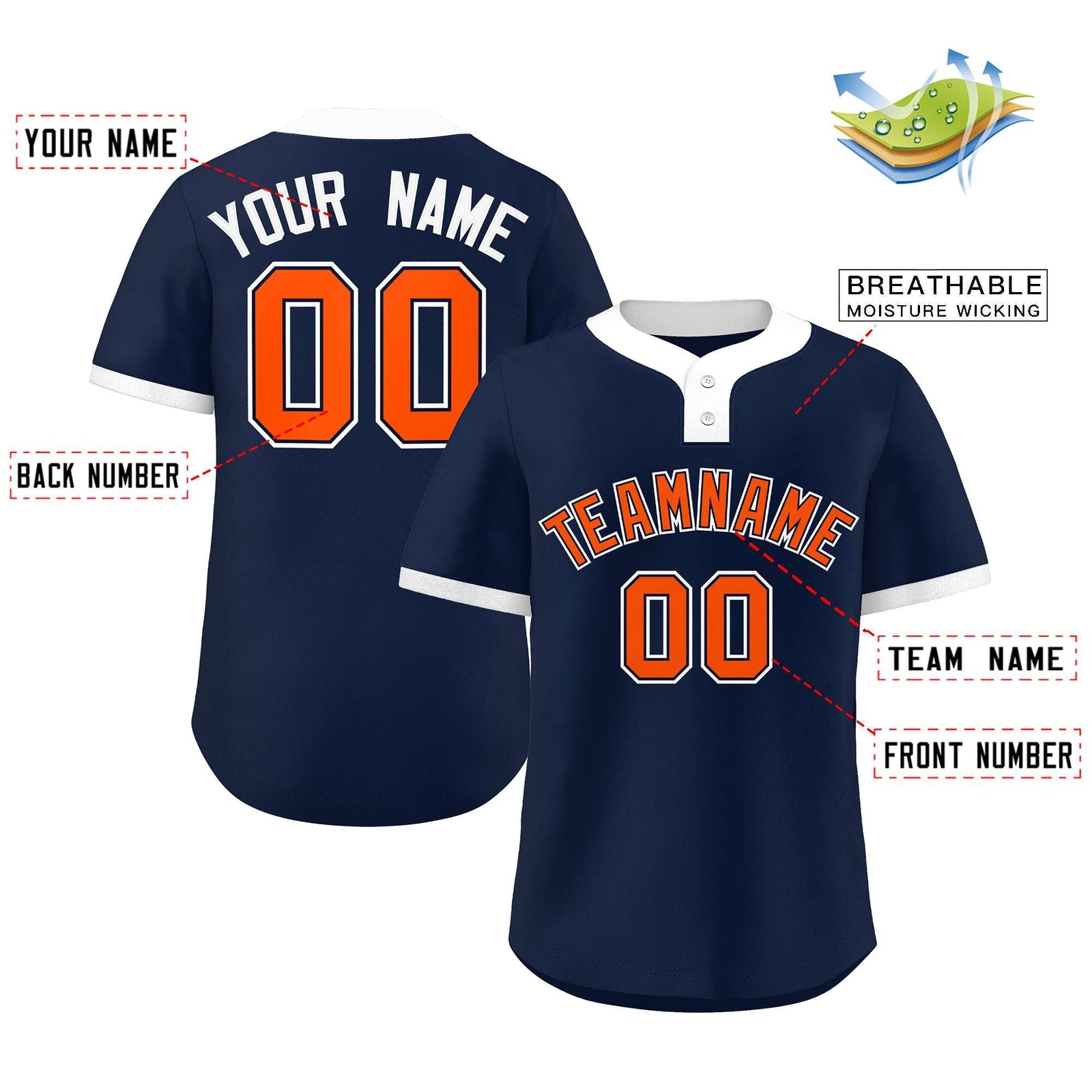 Custom Navy Orange-White Classic Style Authentic Two-Button Softball Jersey